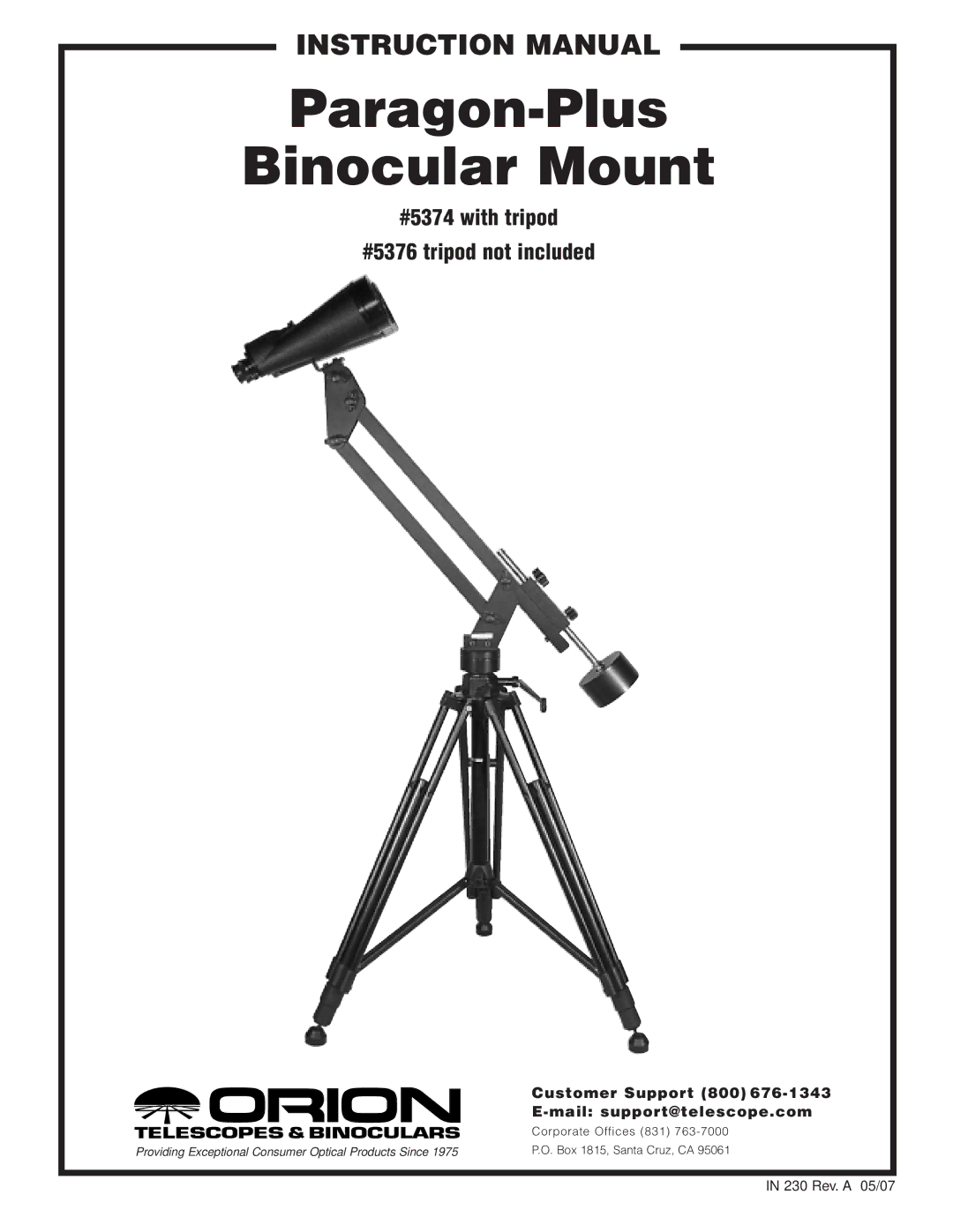 Orion instruction manual Paragon-Plus Binocular Mount, #5374 with tripod #5376 tripod not included 