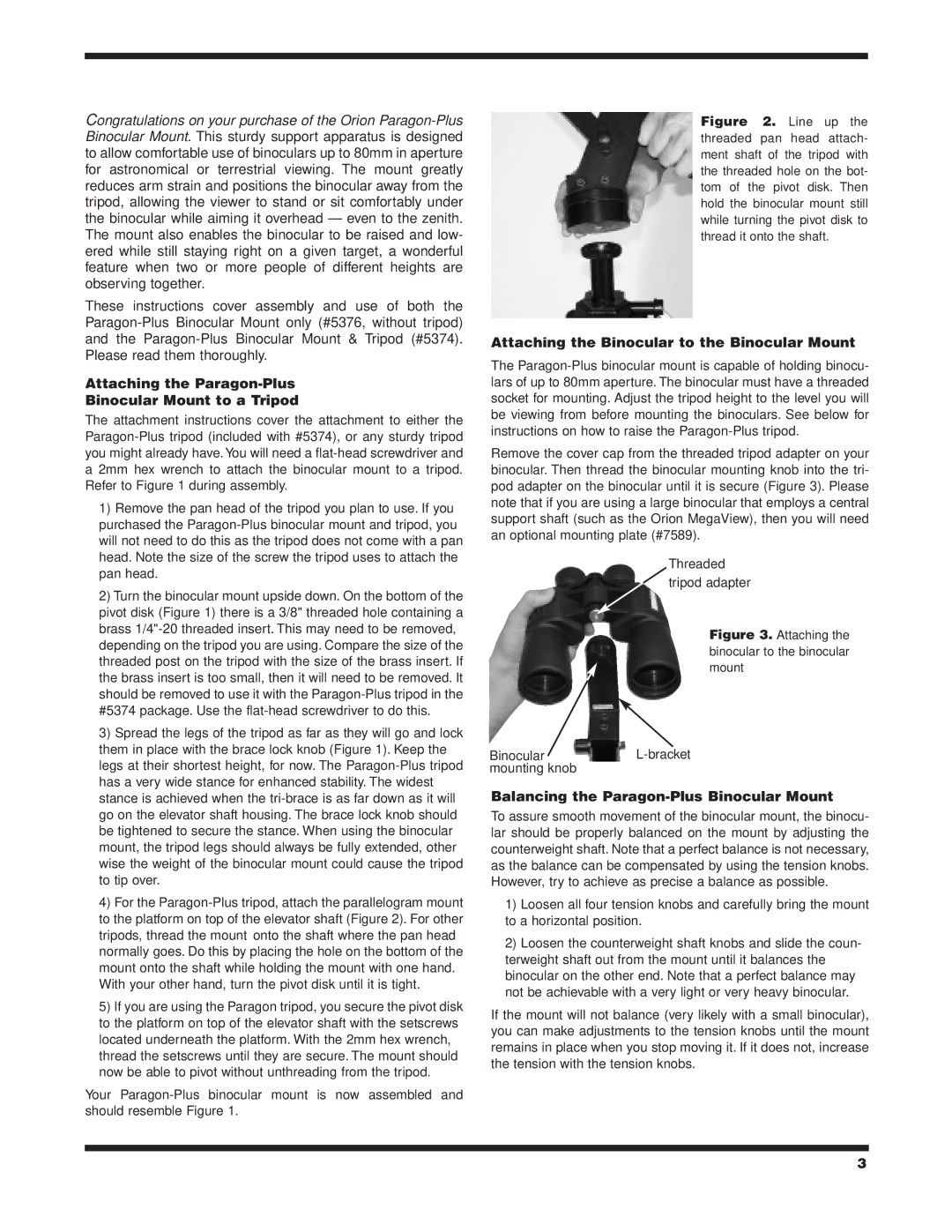 Orion 5376, 5374 Attaching the Paragon-Plus Binocular Mount to a Tripod, Attaching the Binocular to the Binocular Mount 