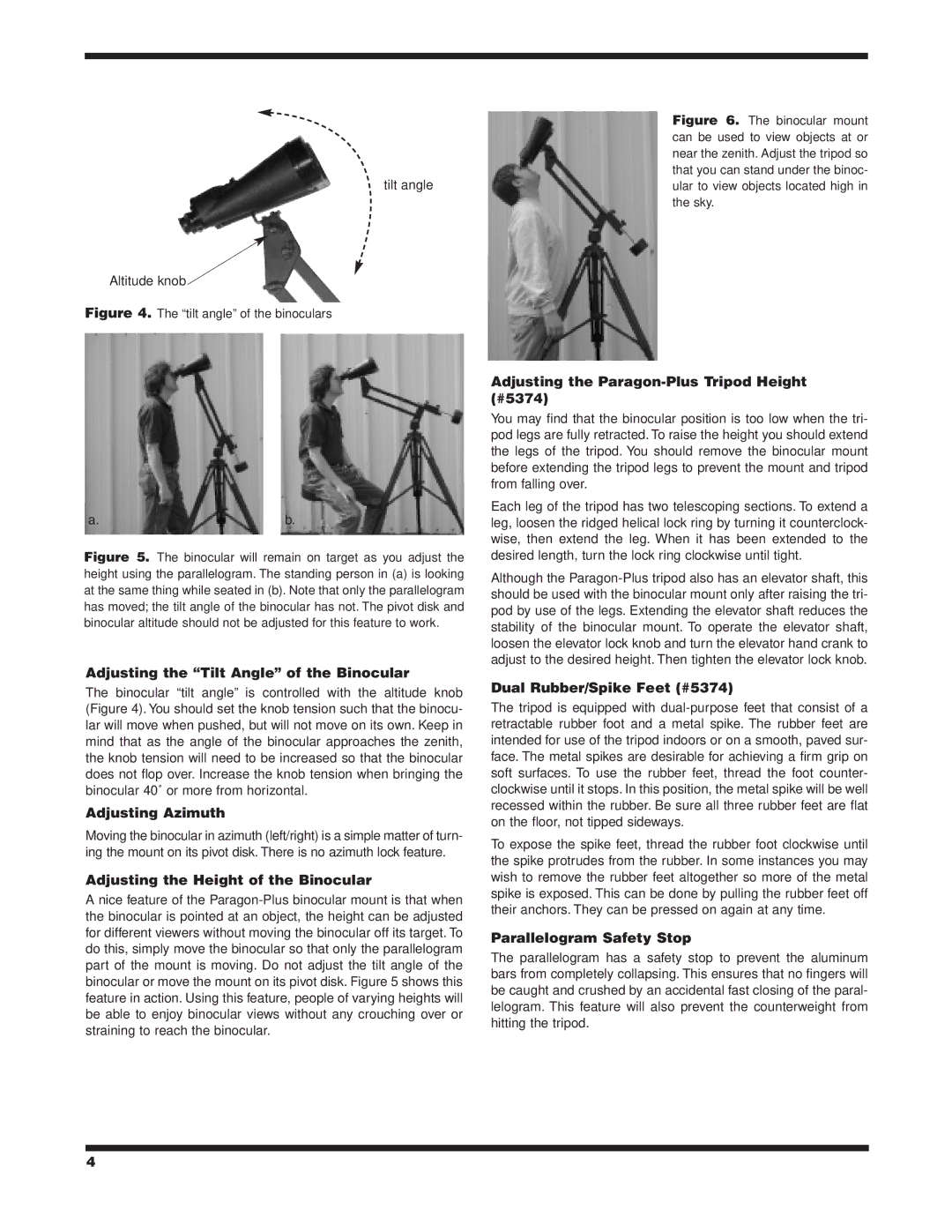 Orion 5374, 5376 Adjusting the Tilt Angle of the Binocular, Adjusting Azimuth, Adjusting the Height of the Binocular 