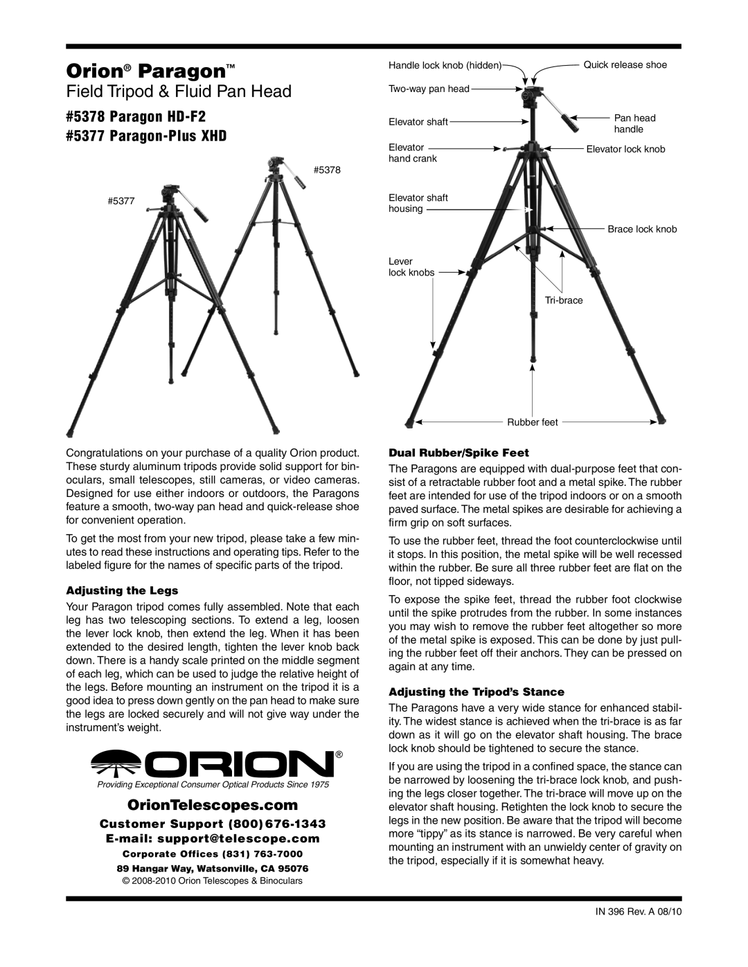 Orion manual #5378 Paragon HD-F2 #5377 Paragon-Plus XHD, OrionTelescopes.com 