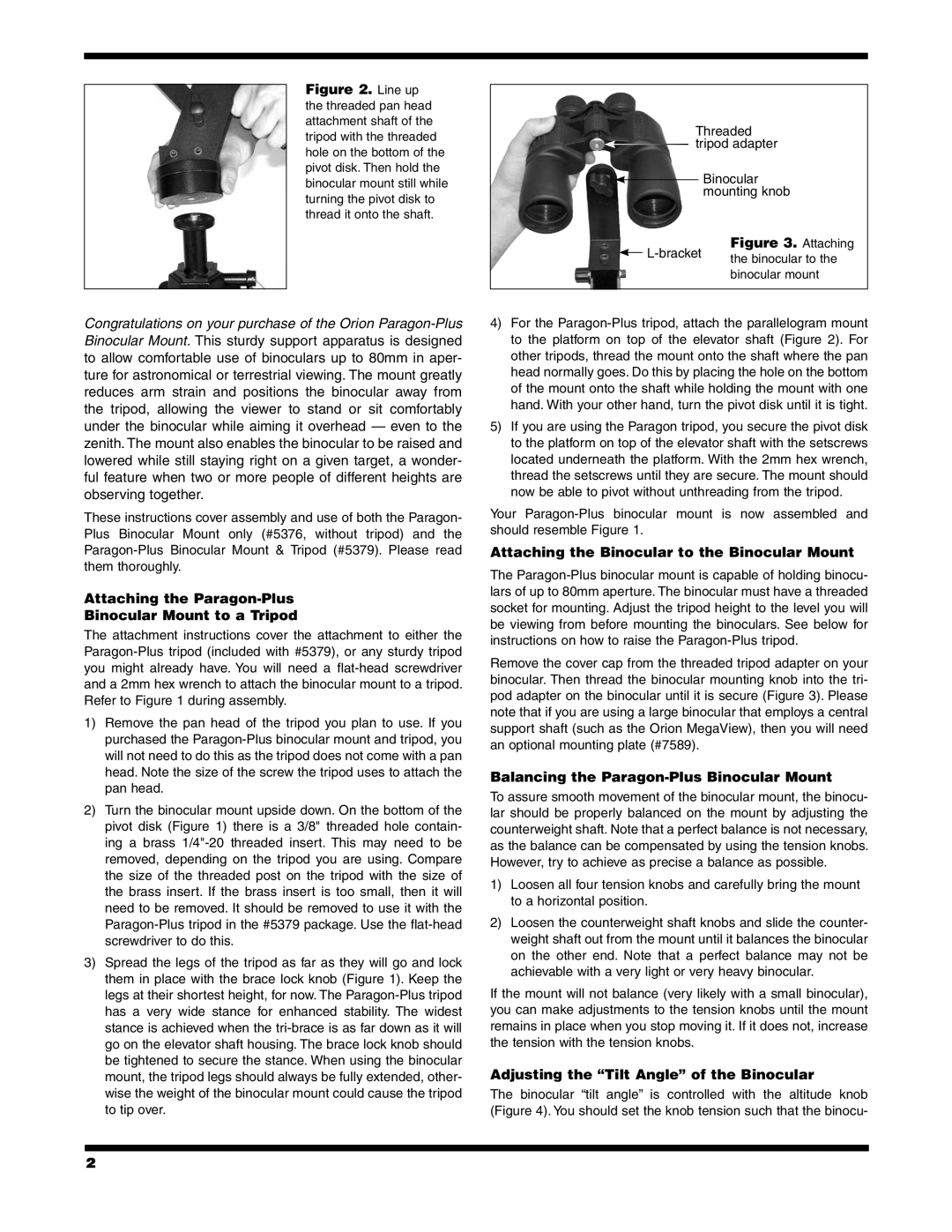 Orion 5379 Attaching the Paragon-Plus Binocular Mount to a Tripod, Attaching the Binocular to the Binocular Mount 