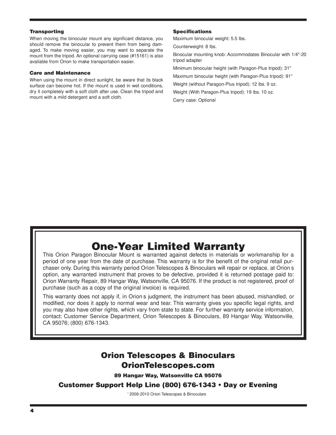 Orion 5379 instruction manual Transporting, Care and Maintenance, Specifications 