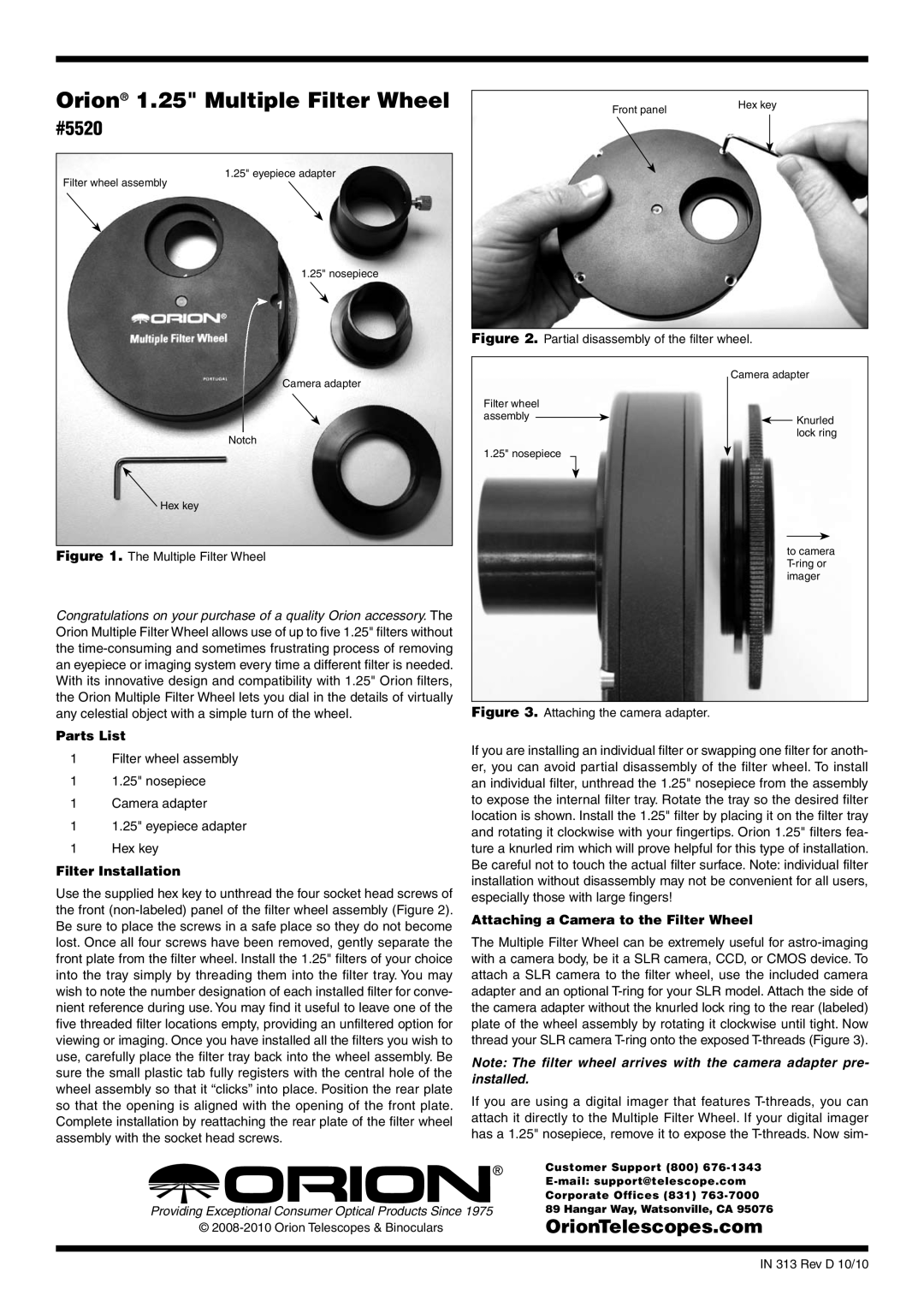 Orion manual Parts List, Filter Installation, Attaching a Camera to the Filter Wheel, #5520, OrionTelescopes.com 
