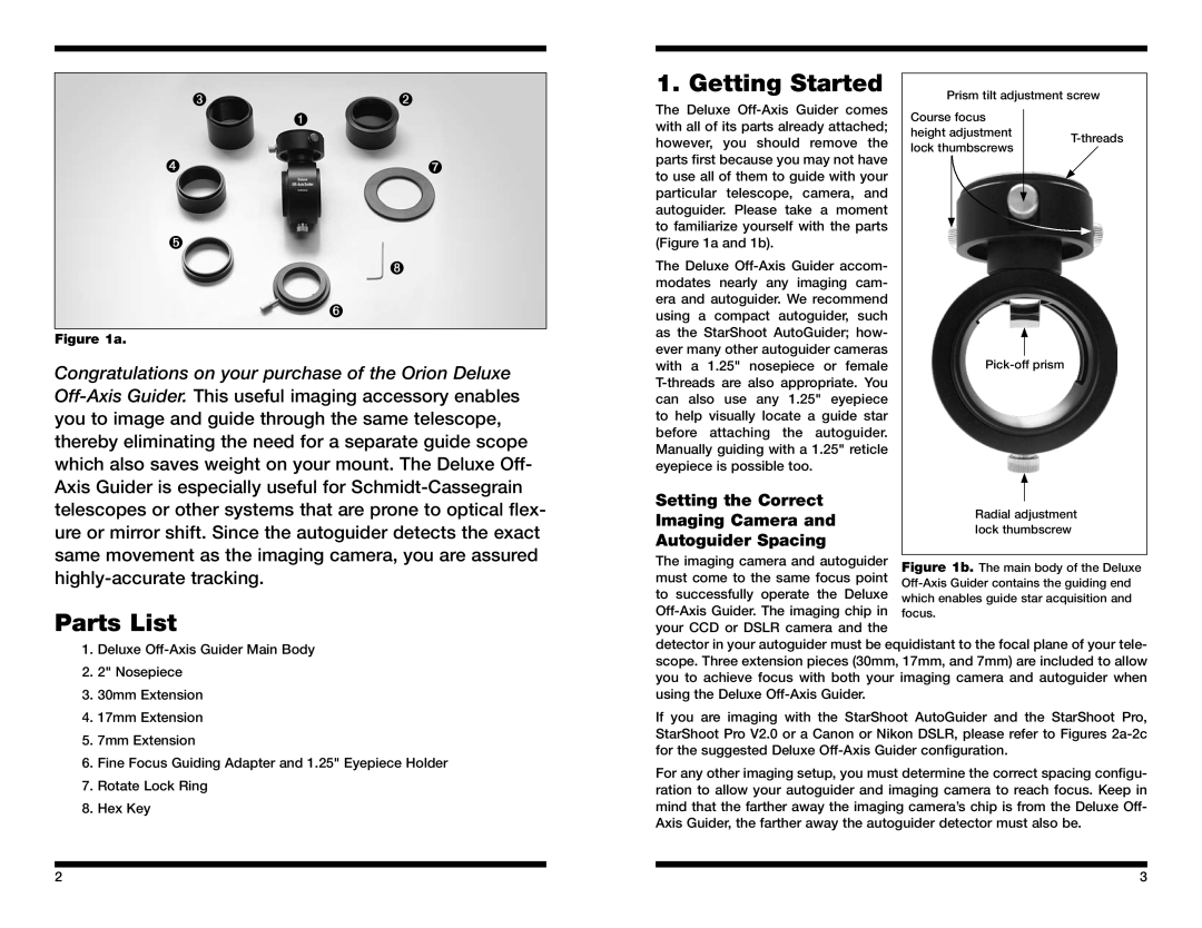 Orion 5521 instruction manual Parts List, Getting Started, Setting the Correct Imaging Camera Autoguider Spacing 