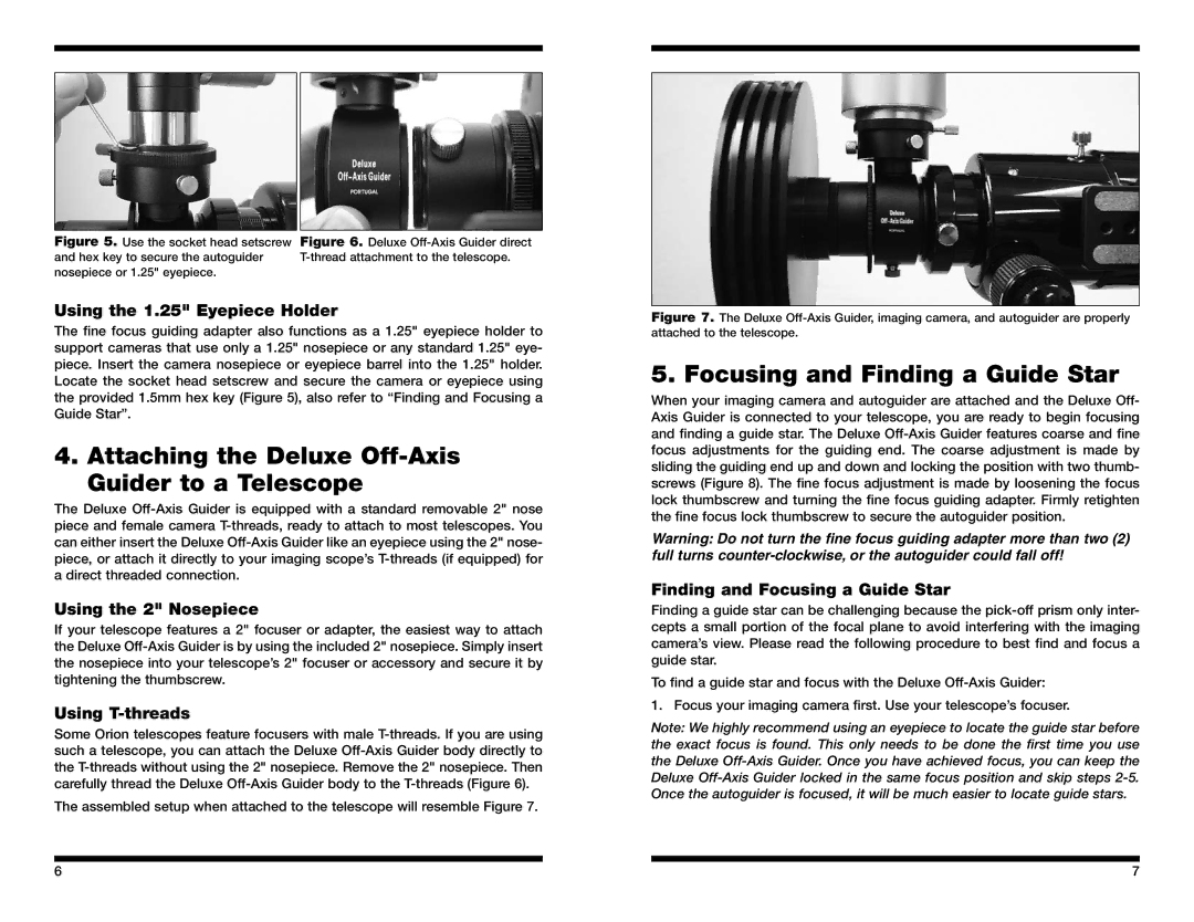 Orion 5521 instruction manual Attaching the Deluxe Off-Axis Guider to a Telescope, Focusing and Finding a Guide Star 