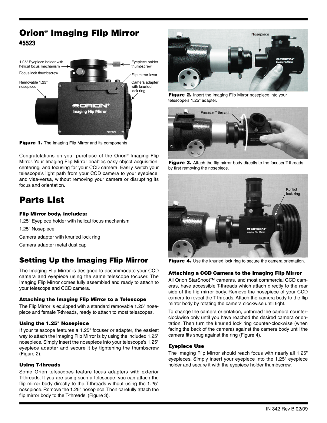 Orion manual Orion Imaging Flip Mirror, Parts List, Setting Up the Imaging Flip Mirror, #5523 