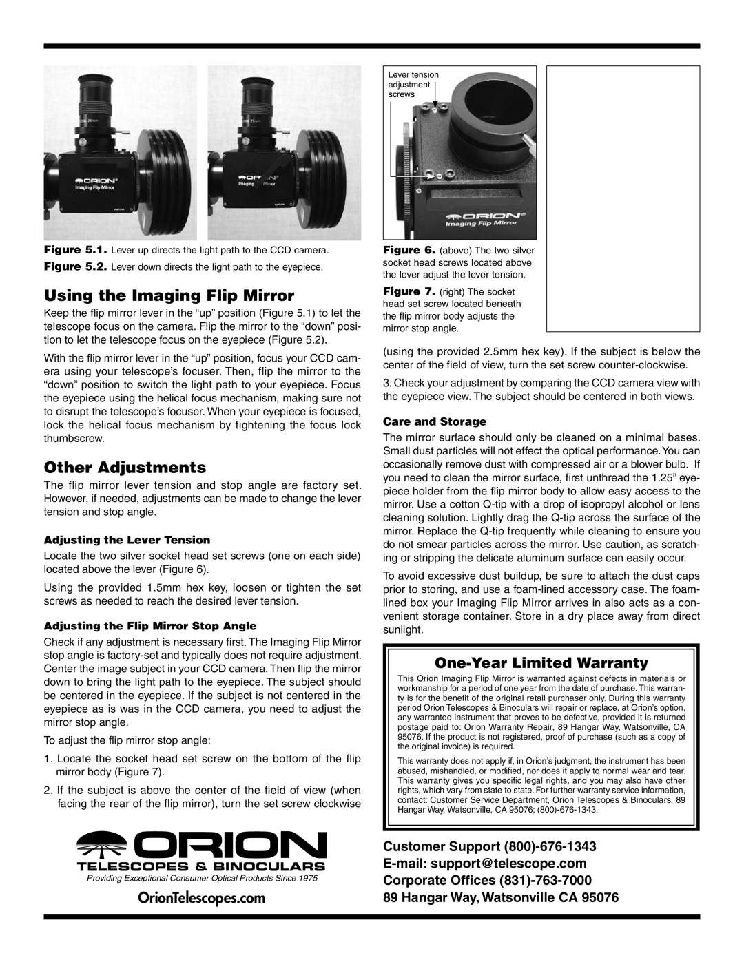 Orion 5523 manual Using the Imaging Flip Mirror, Other Adjustments, One-Year Limited Warranty 