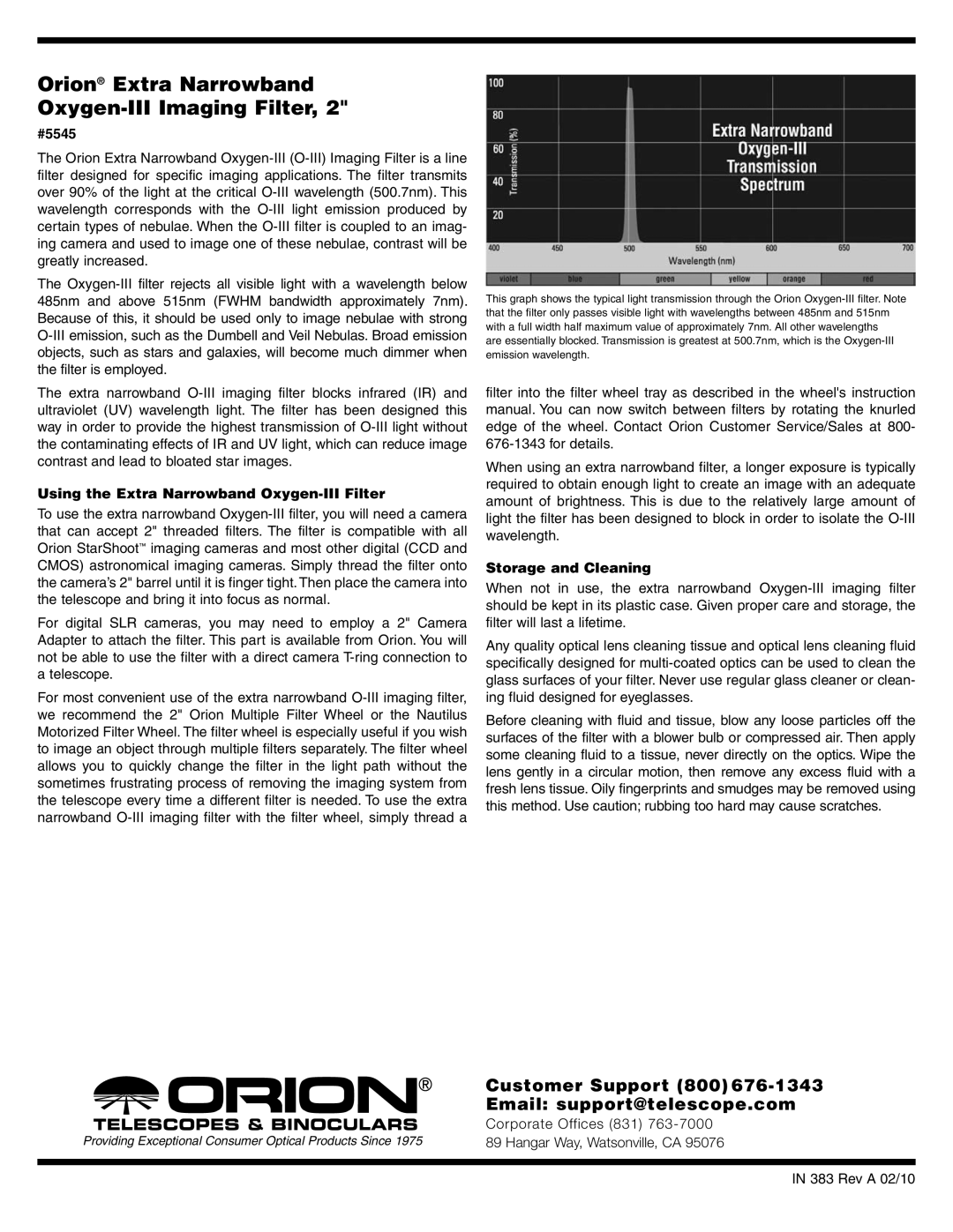 Orion instruction manual Orion Extra Narrowband Oxygen-III Imaging Filter, #5545, Storage and Cleaning 