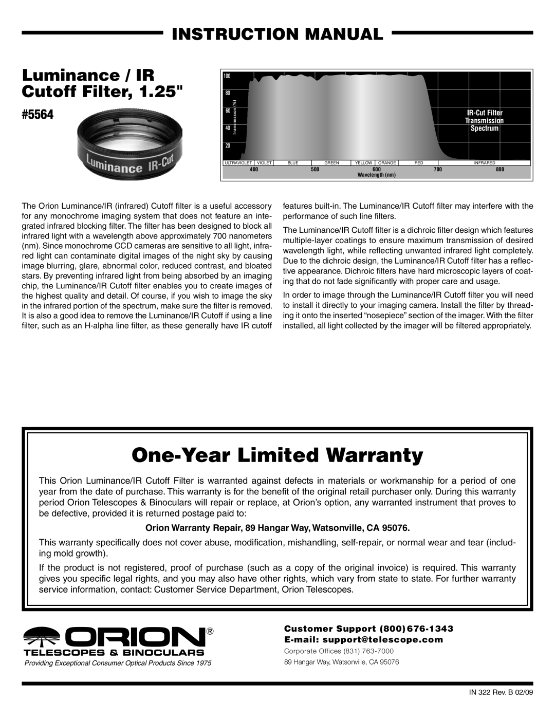 Orion instruction manual One-Year Limited Warranty, Luminance / IR Cutoff Filter, #5564 