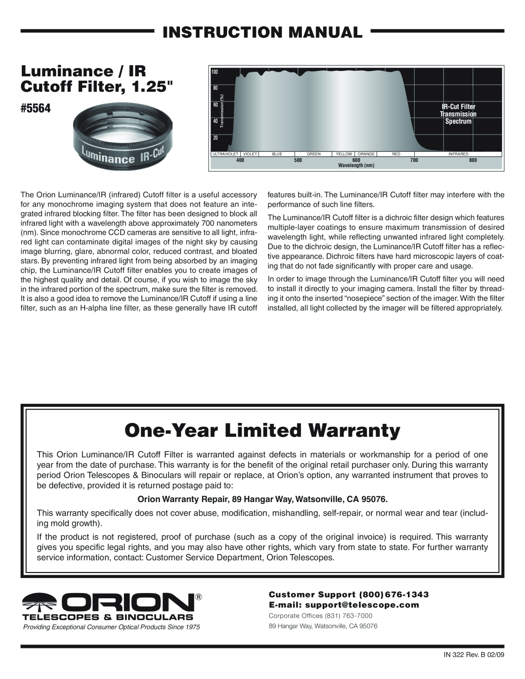 Orion instruction manual One-Year Limited Warranty, instruction Manual, Luminance / IR Cutoff Filter, #5564 