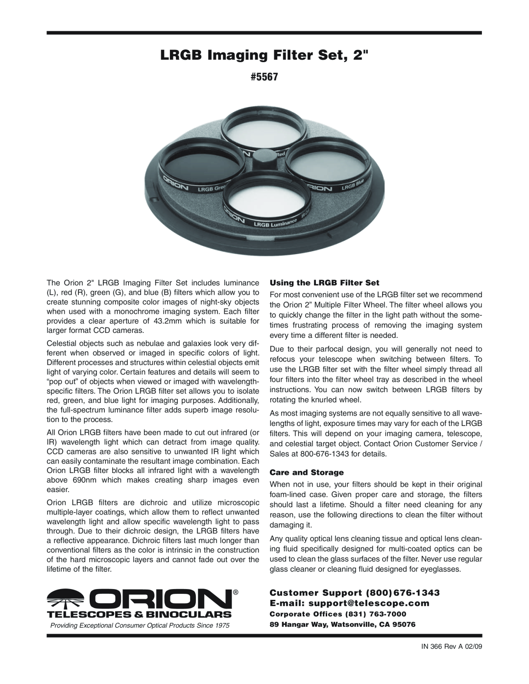 Orion manual LRGB Imaging Filter Set, #5567, Using the LRGB Filter Set, Care and Storage 