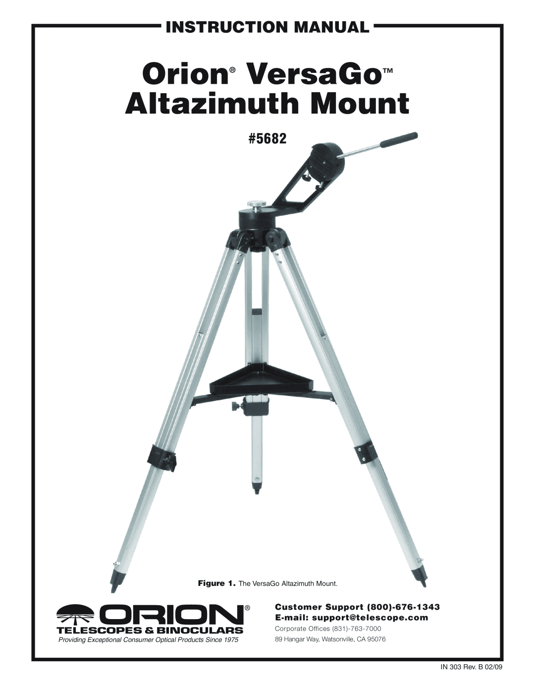 Orion #5682 instruction manual Customer Support 800‑676-1343, E-mail support@telescope.com, Orion VersaGo Altazimuth Mount 
