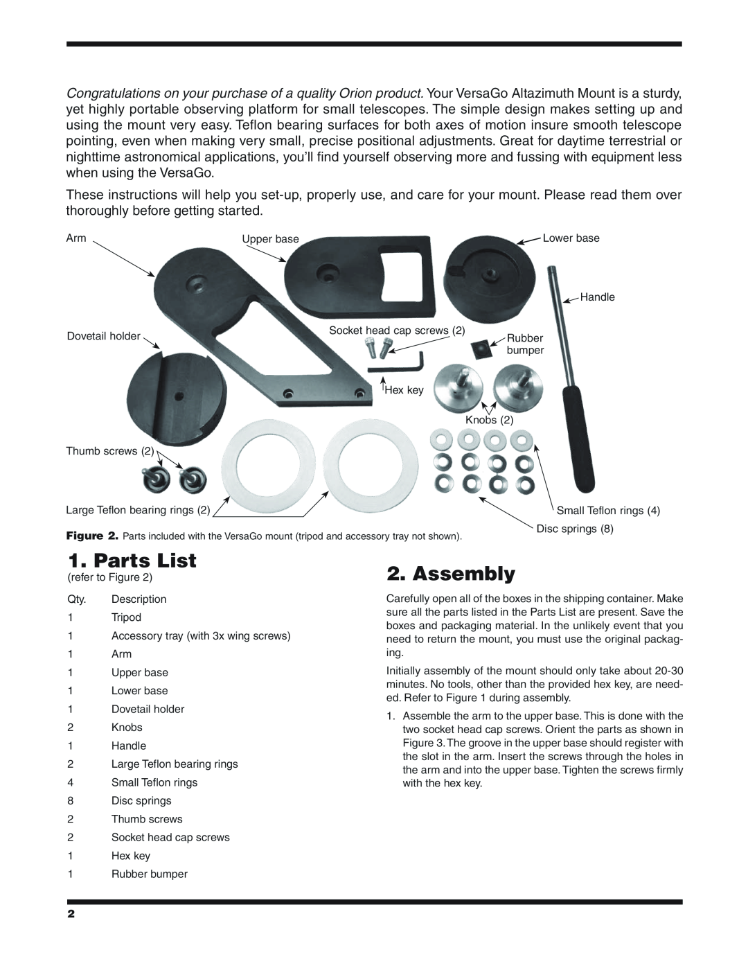 Orion #5682 Parts List, Assembly, Upper base, Socket head cap screws, Accessory tray with 3x wing screws, Rubber bumper 