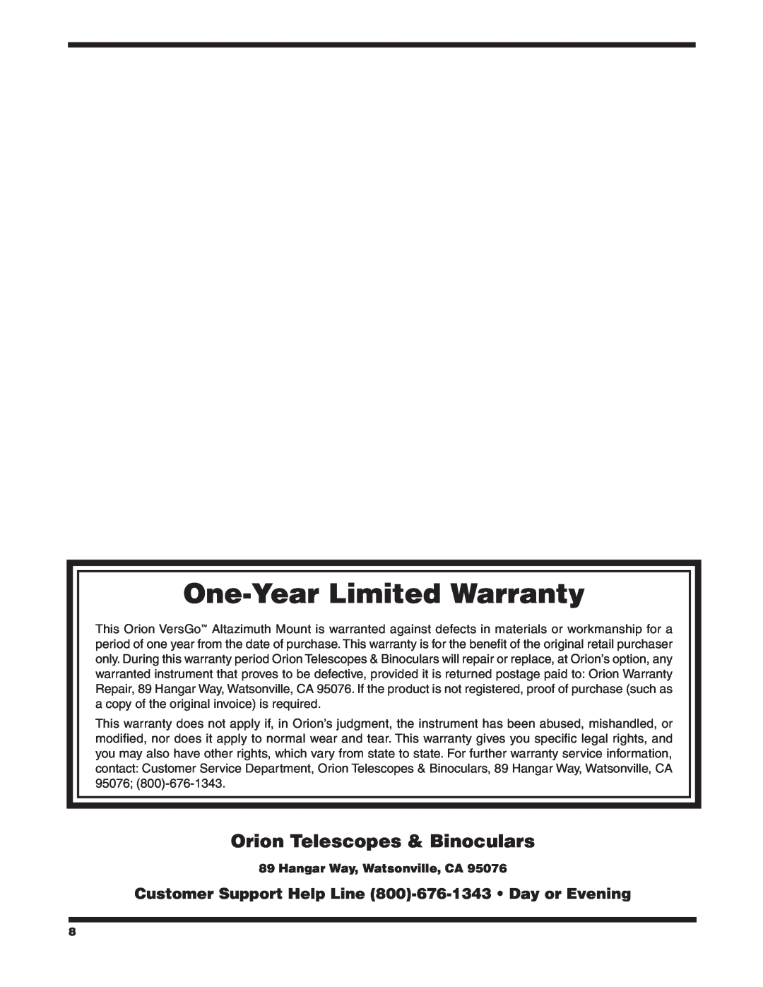 Orion #5682 instruction manual Hangar Way, Watsonville, CA, One-Year Limited Warranty, Orion Telescopes & Binoculars 