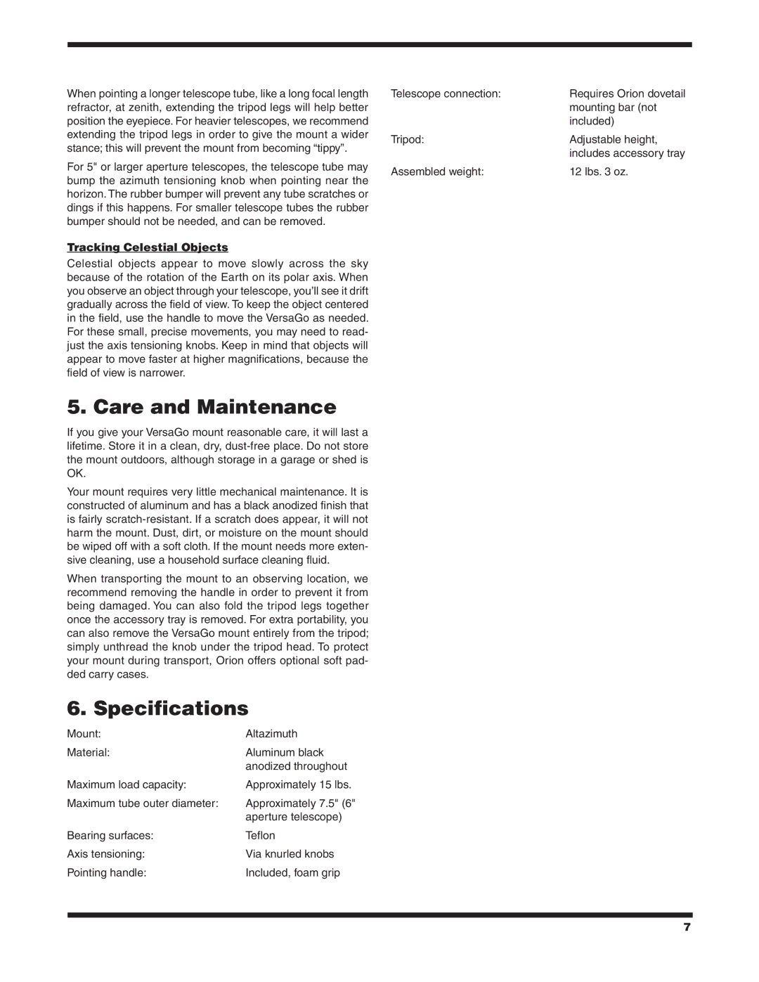 Orion #5682 instruction manual Care and Maintenance, Specifications 