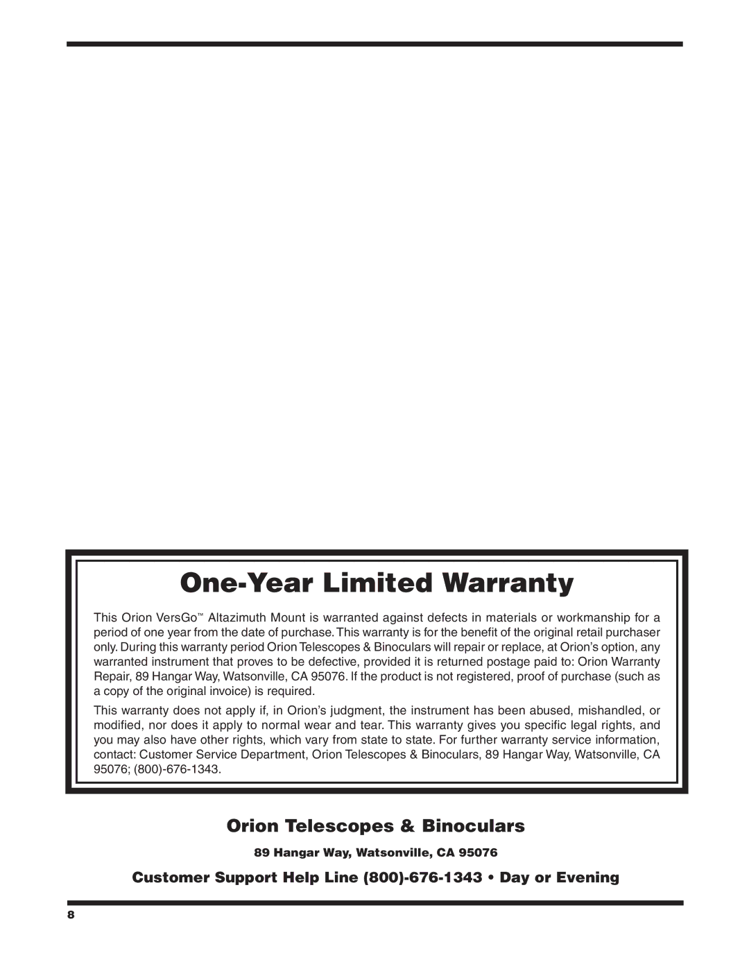 Orion #5682 instruction manual One-Year Limited Warranty 