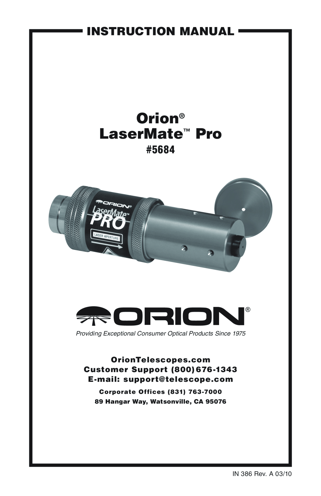 Orion instruction manual Orion LaserMate Pro, #5684, IN 386 Rev. A 03/10 