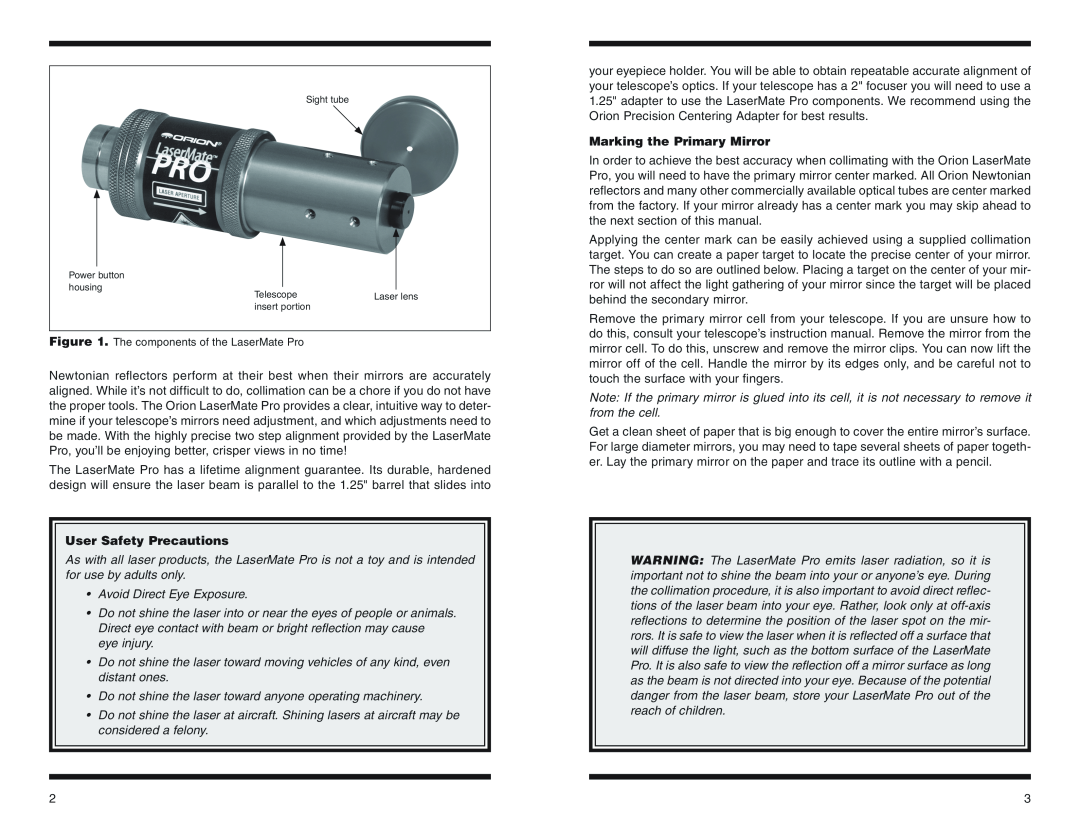Orion 5684 instruction manual User Safety Precautions, Marking the Primary Mirror 