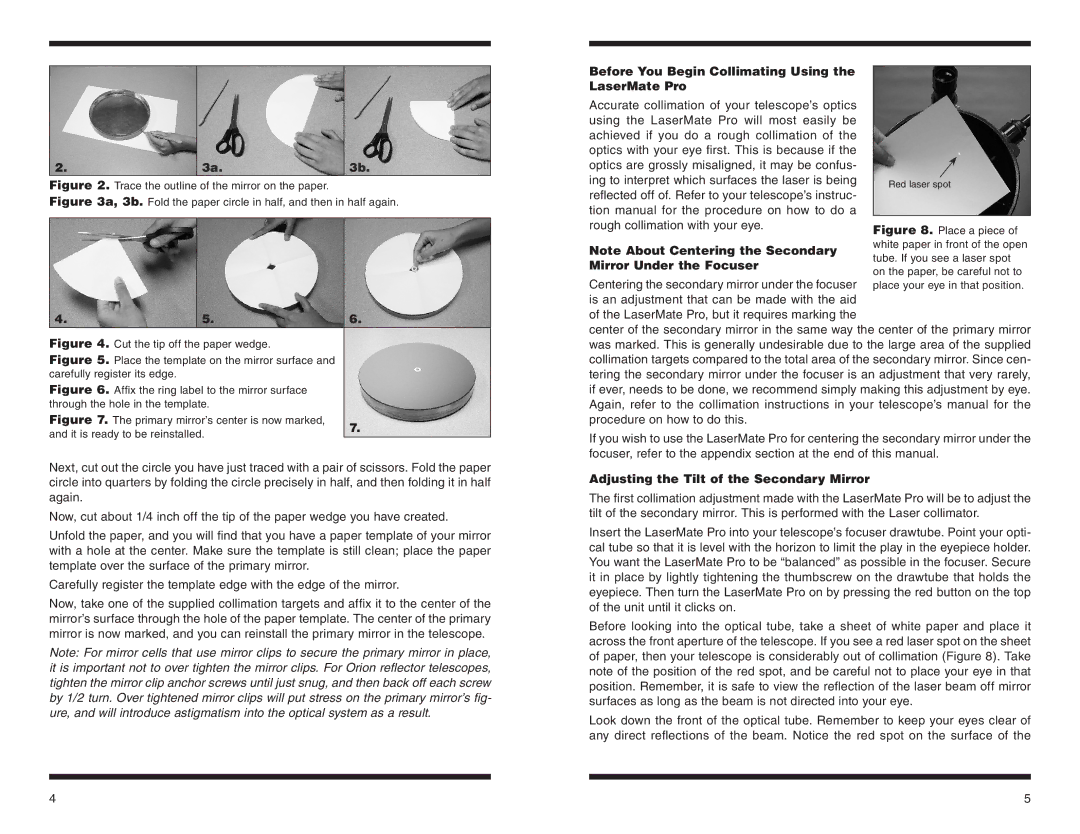 Orion 5684 instruction manual Before You Begin Collimating Using LaserMate Pro, Mirror Under the Focuser 