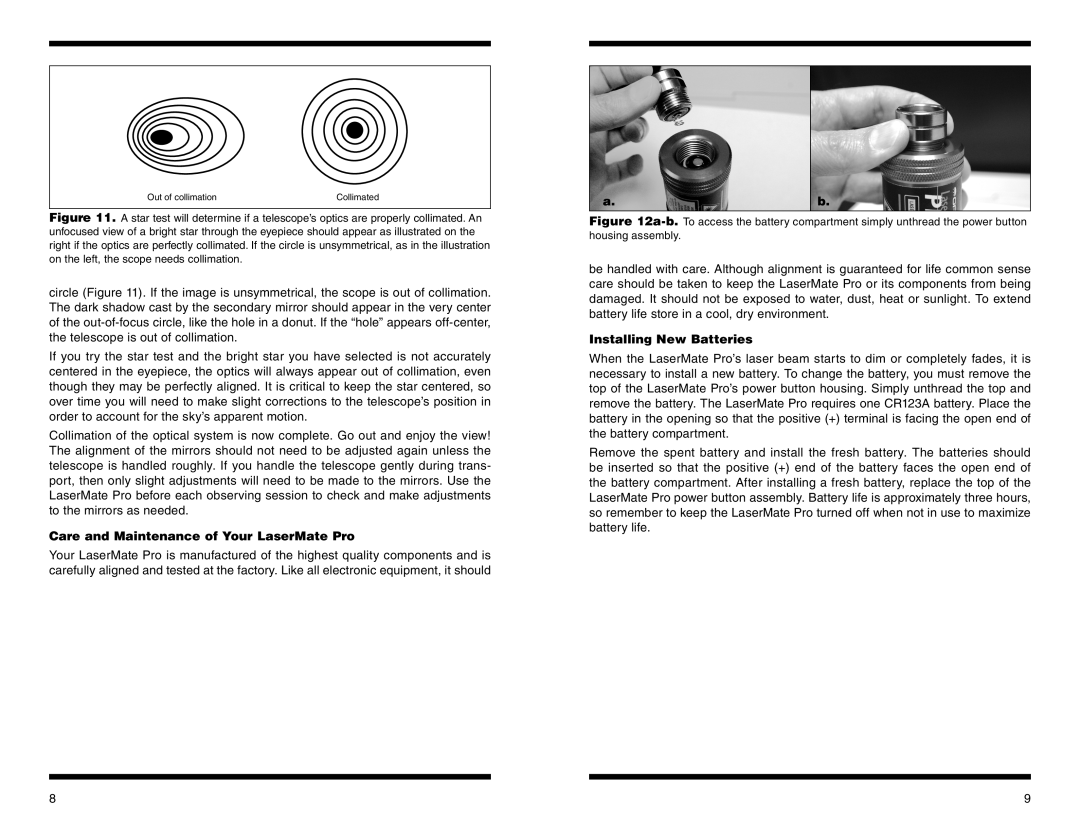 Orion 5684 instruction manual Care and Maintenance of Your LaserMate Pro, Installing New Batteries 