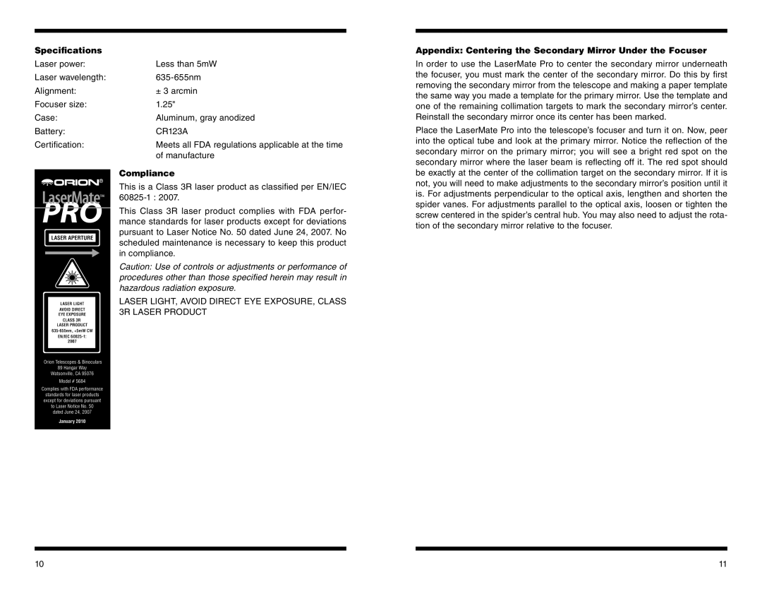 Orion 5684 instruction manual Specifications, Compliance, Appendix Centering the Secondary Mirror Under the Focuser 