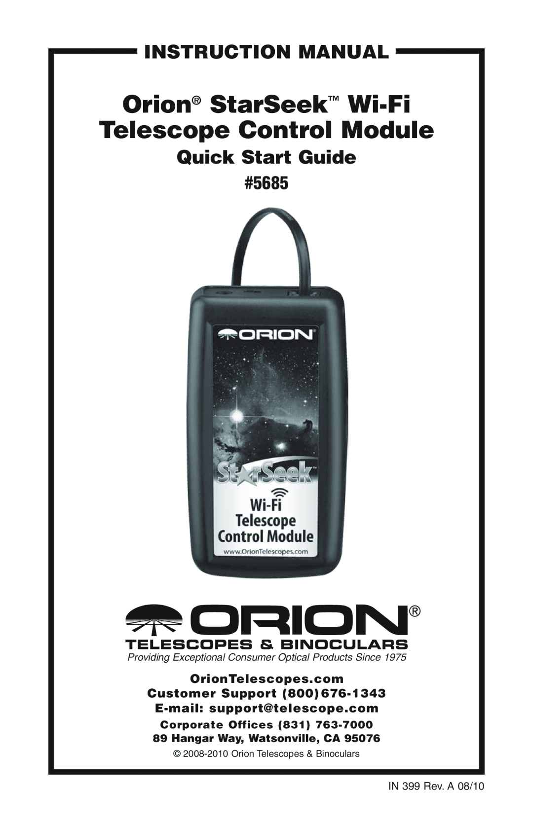 Orion instruction manual Quick Start Guide, Orion StarSeek Wi-Fi Telescope Control Module, #5685 