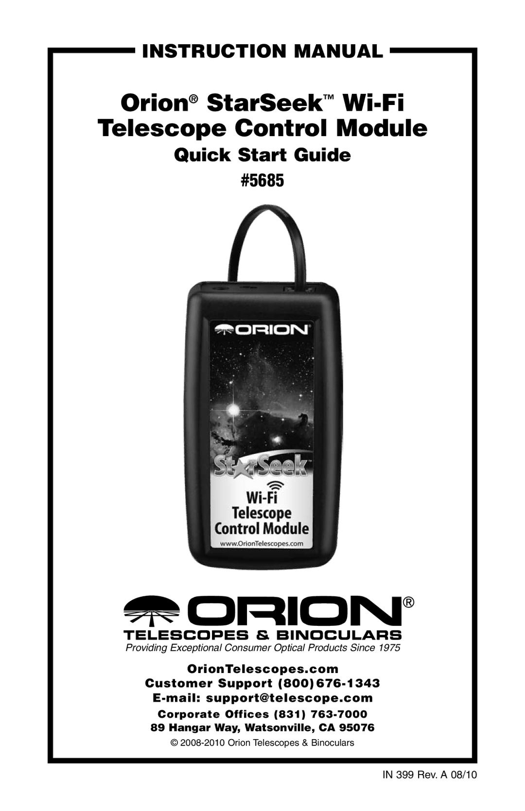 Orion 5685 instruction manual Orion StarSeek Wi-Fi Telescope Control Module, Quick Start Guide 