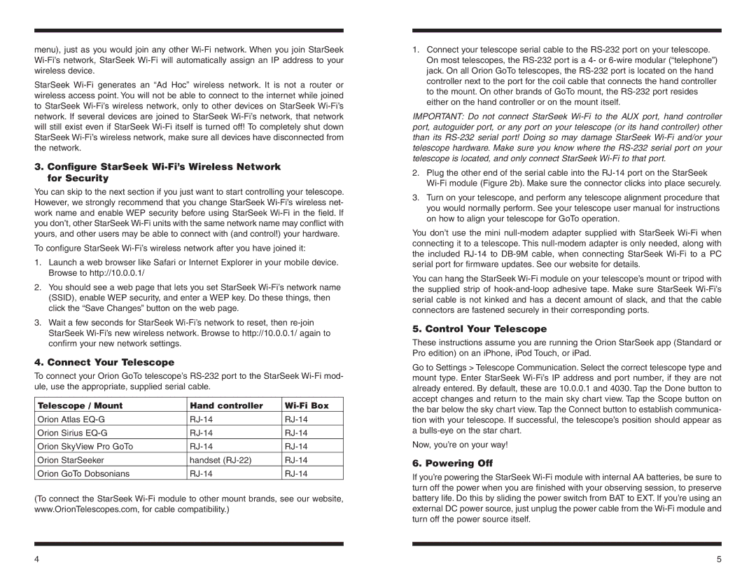 Orion 5685 Configure StarSeek Wi-Fi’s Wireless Network for Security, Connect Your Telescope, Control Your Telescope 