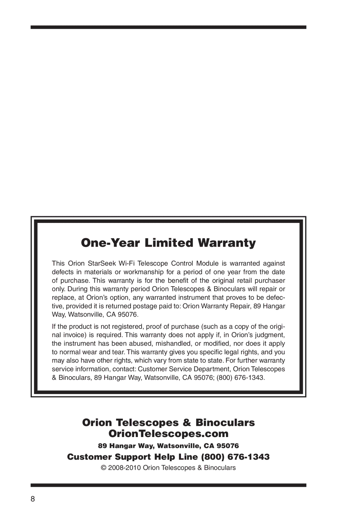 Orion 5685 instruction manual One-Year Limited Warranty, Customer Support Help Line 800 