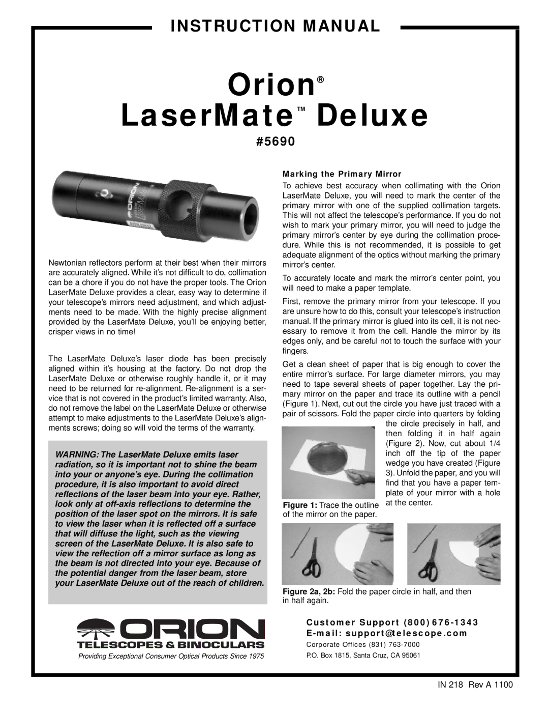 Orion Orion LaserMate Deluxe, #5690 instruction manual Marking the Primary Mirror 