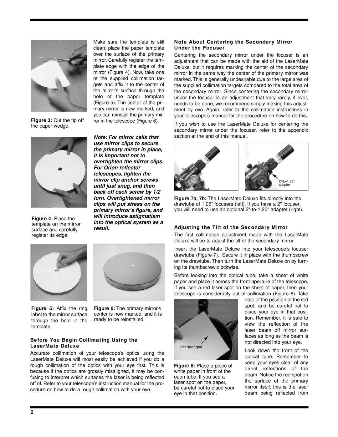 Orion #5690 Adjusting the Tilt of the Secondary Mirror, Before You Begin Collimating Using, LaserMate Deluxe 