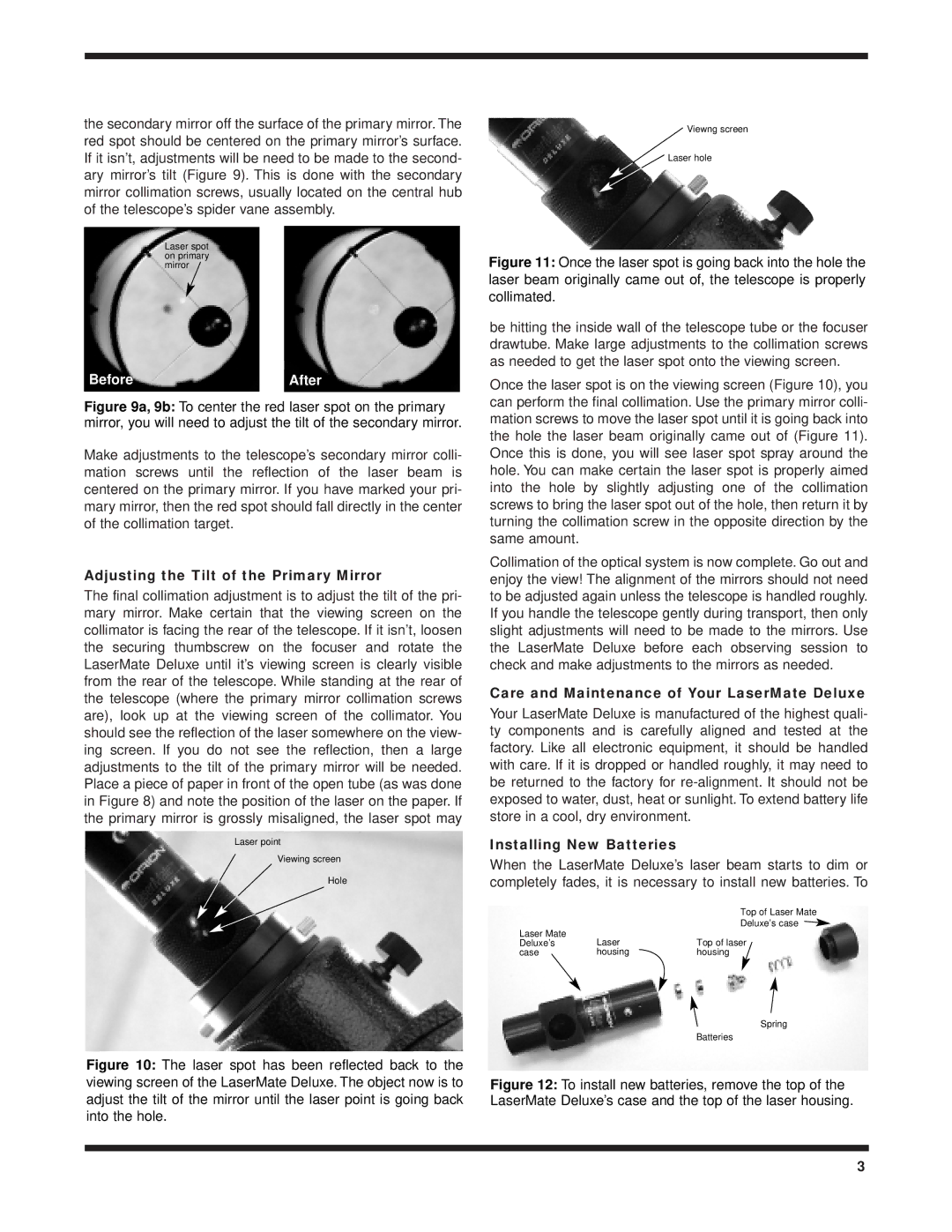 Orion Orion LaserMate Deluxe Adjusting the Tilt of the Primary Mirror, Care and Maintenance of Your LaserMate Deluxe 