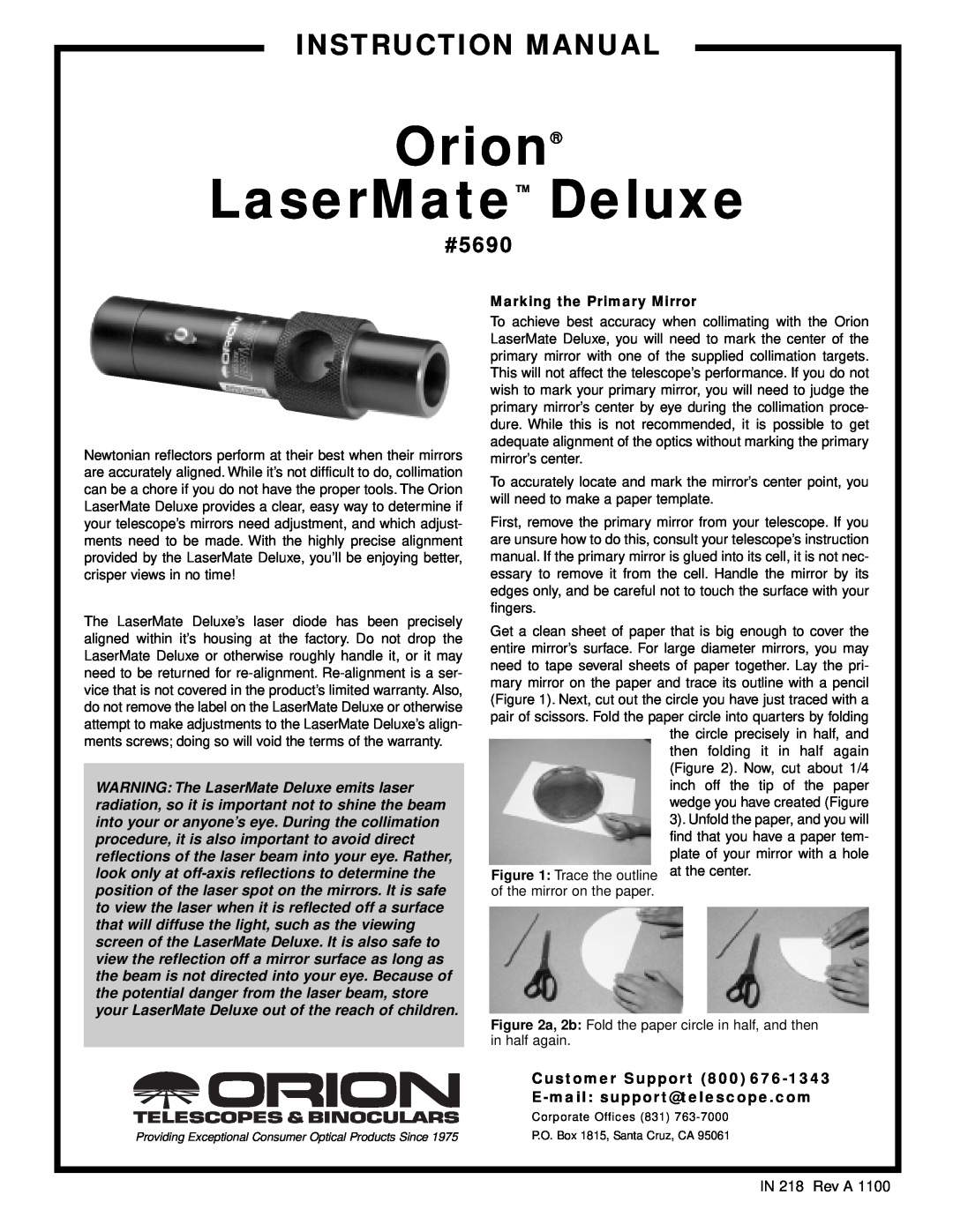 Orion Orion LaserMate Deluxe instruction manual Customer Support 800, E-mail support@telescope.com, Instruction Manual 