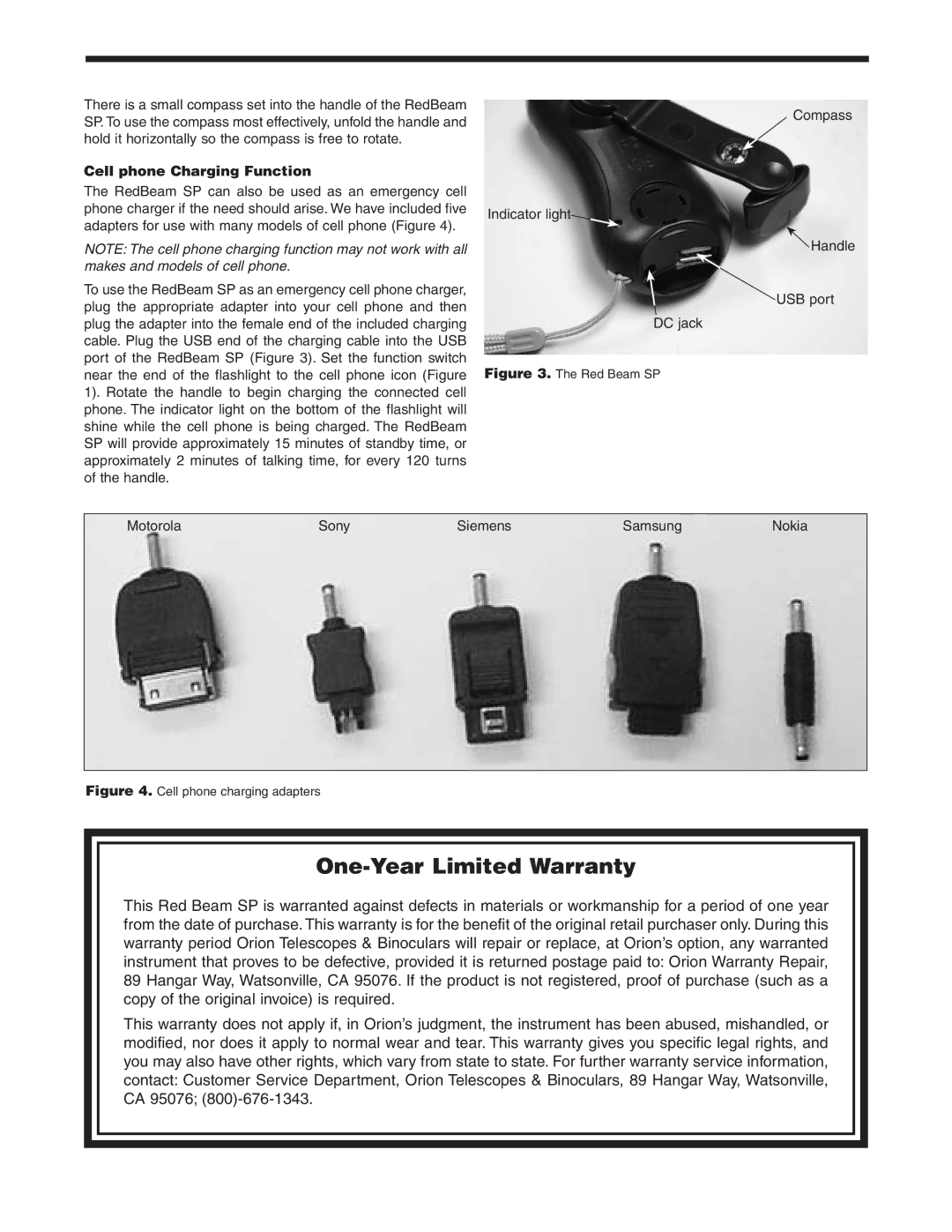 Orion #5762 instruction manual One-Year Limited Warranty, Cell phone Charging Function 