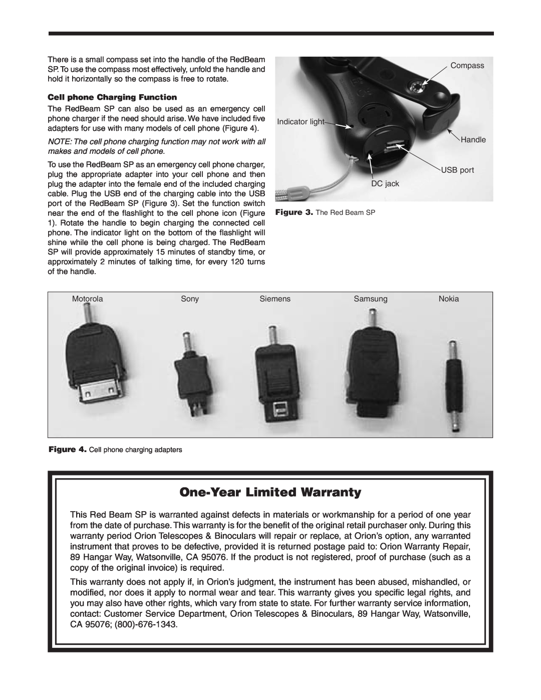 Orion #5762 instruction manual One-YearLimited Warranty, Cell phone Charging Function 