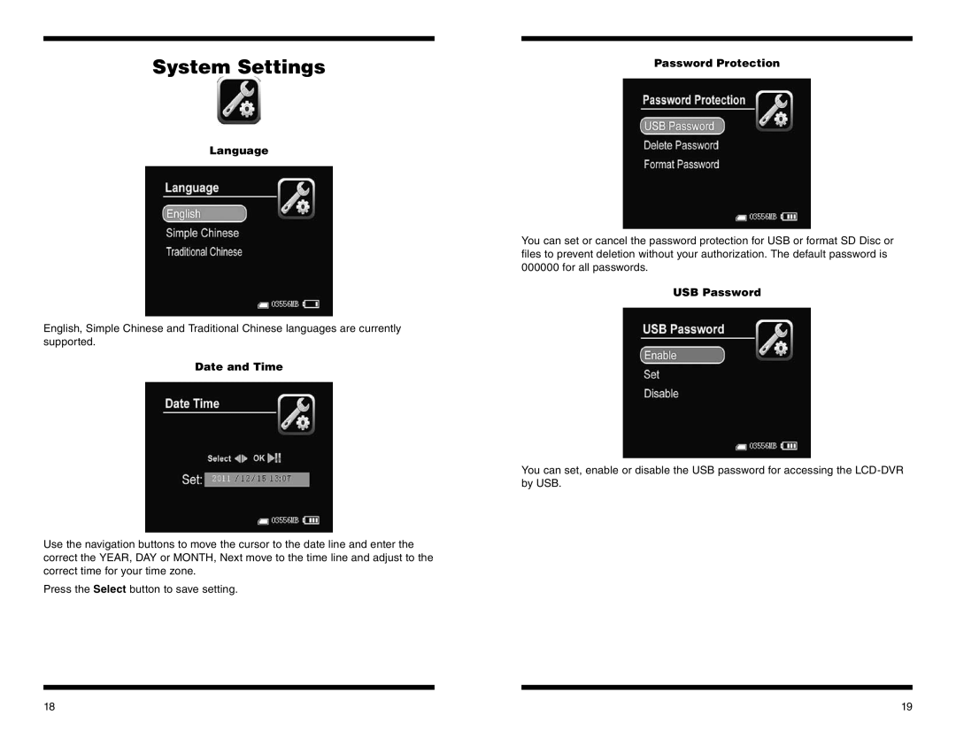 Orion 58125 instruction manual System Settings, Language, Date and Time, Password Protection, USB Password 