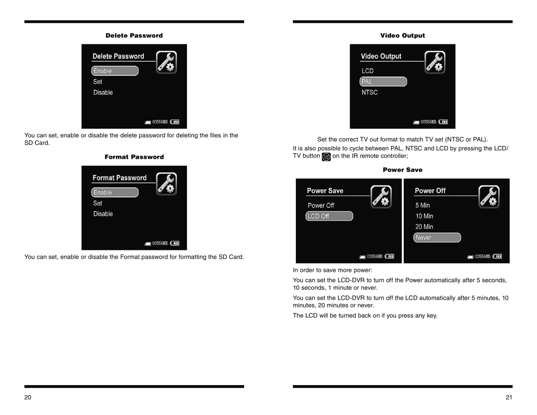 Orion 58125 instruction manual Delete Password Video Output, Format Password, Power Save 