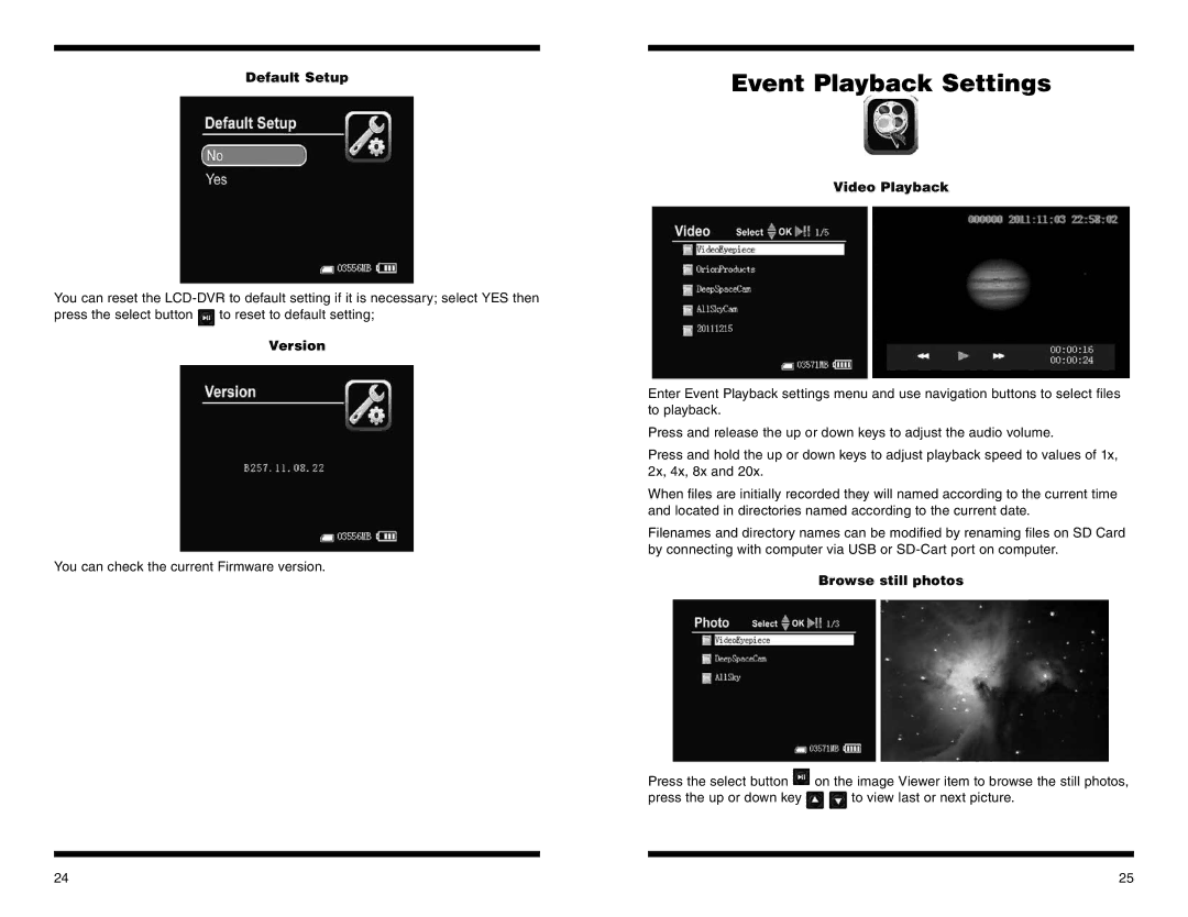 Orion 58125 instruction manual Event Playback Settings, Default Setup, Version, Video Playback, Browse still photos 