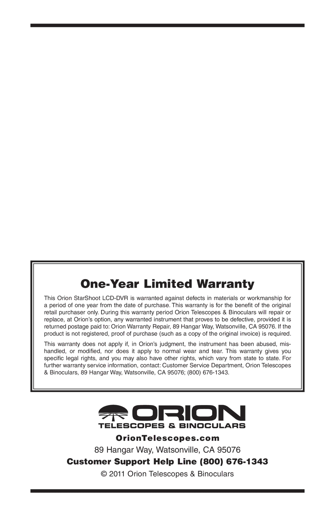 Orion 58125 instruction manual One-Year Limited Warranty 