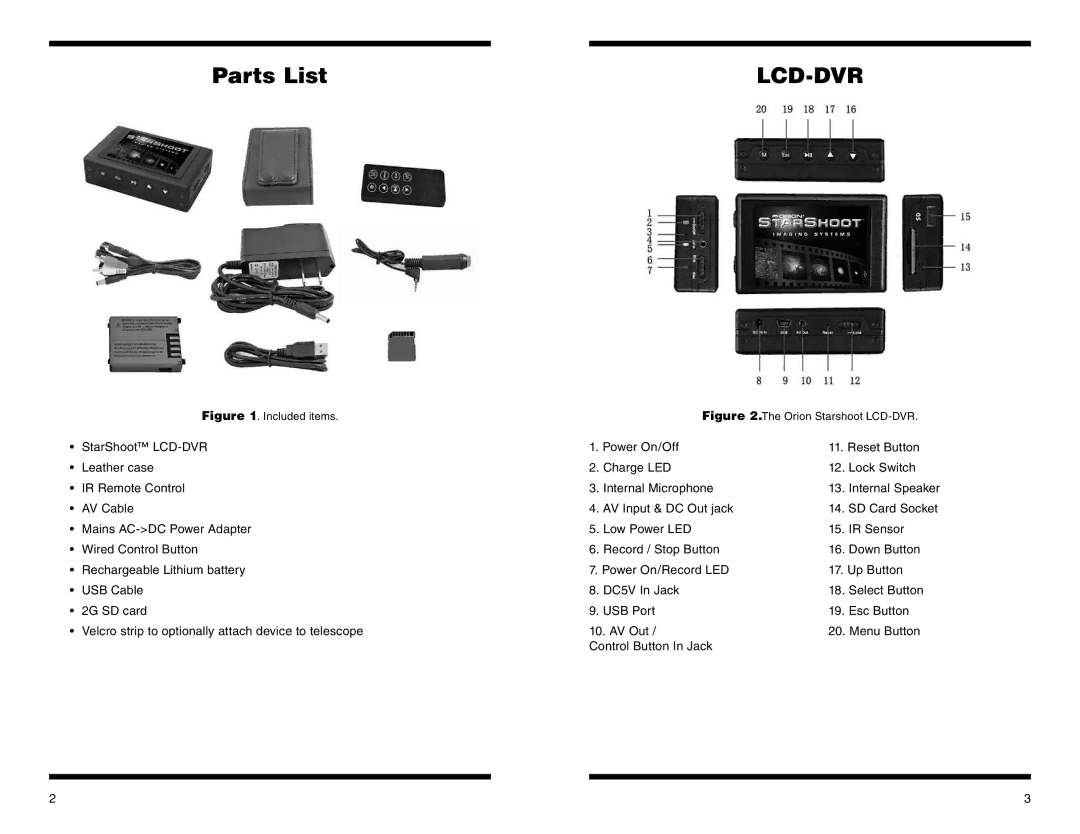 Orion 58125 instruction manual Parts List, Lcd-Dvr 