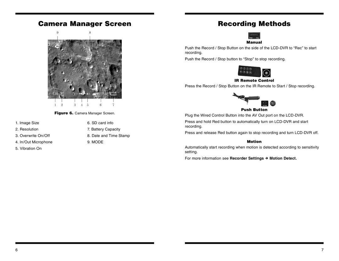 Orion 58125 instruction manual Camera Manager Screen, Recording Methods 