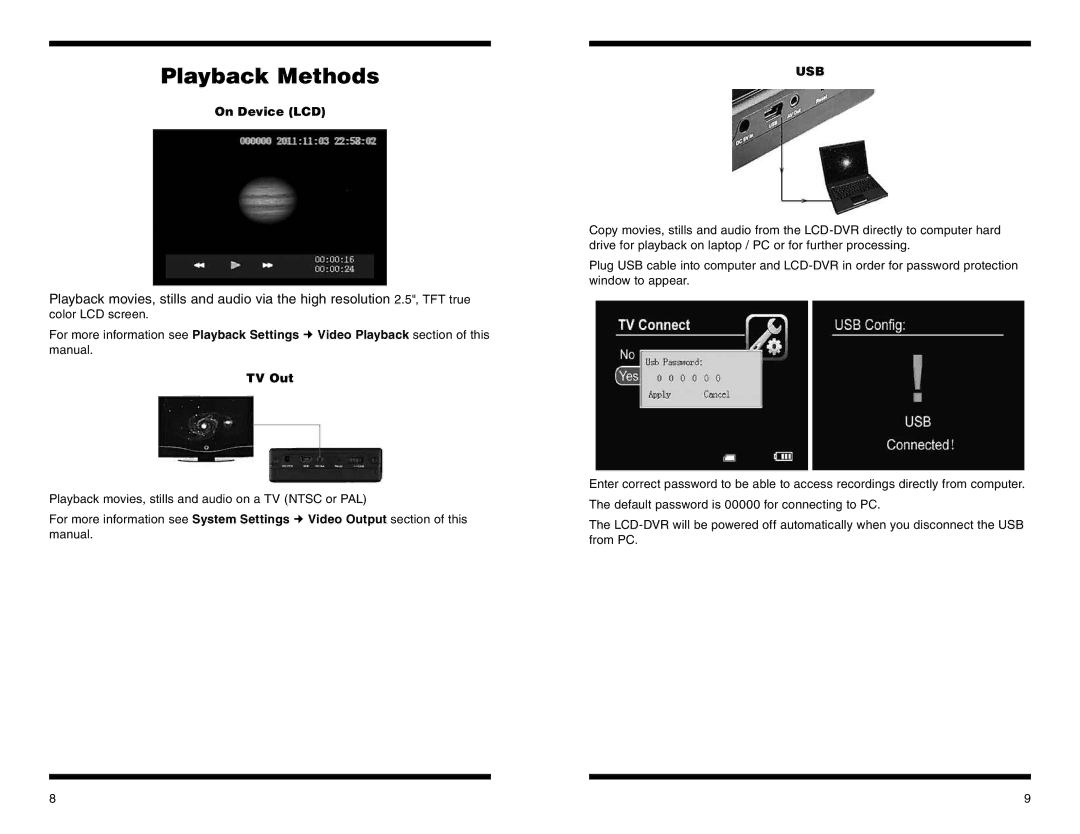 Orion 58125 instruction manual Playback Methods, On Device LCD, TV Out 