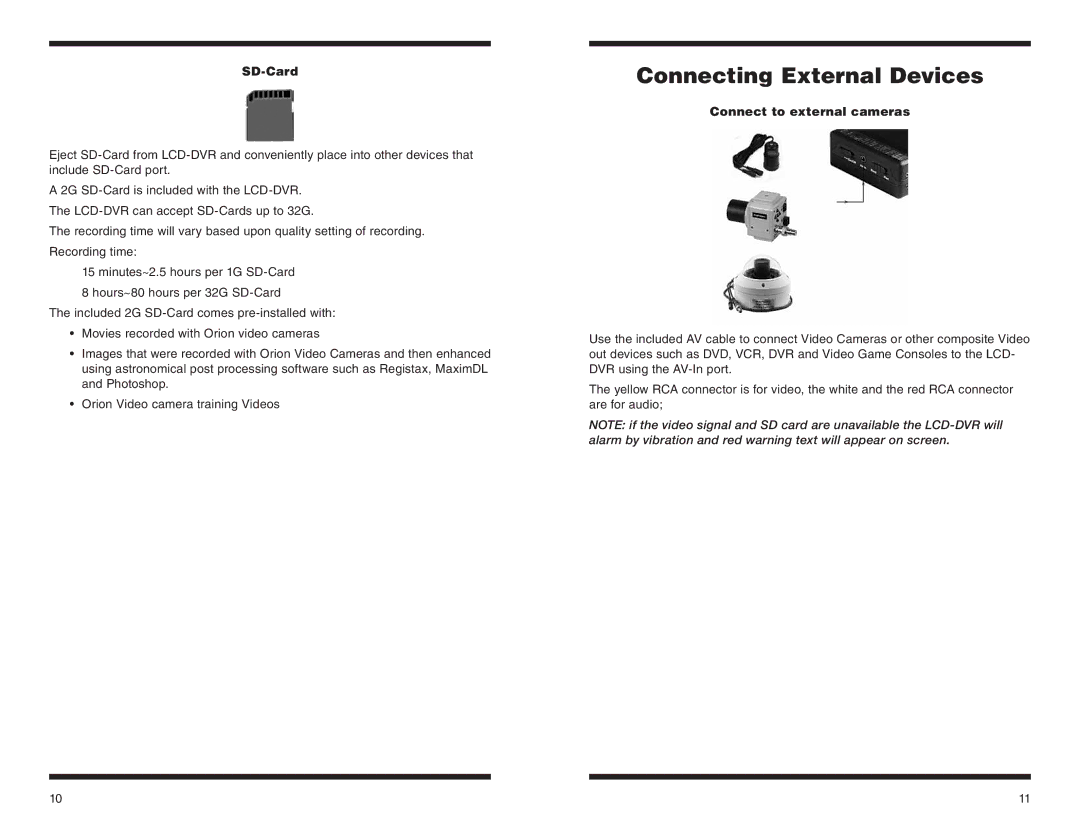 Orion 58125 instruction manual Connecting External Devices, SD-Card, Connect to external cameras 