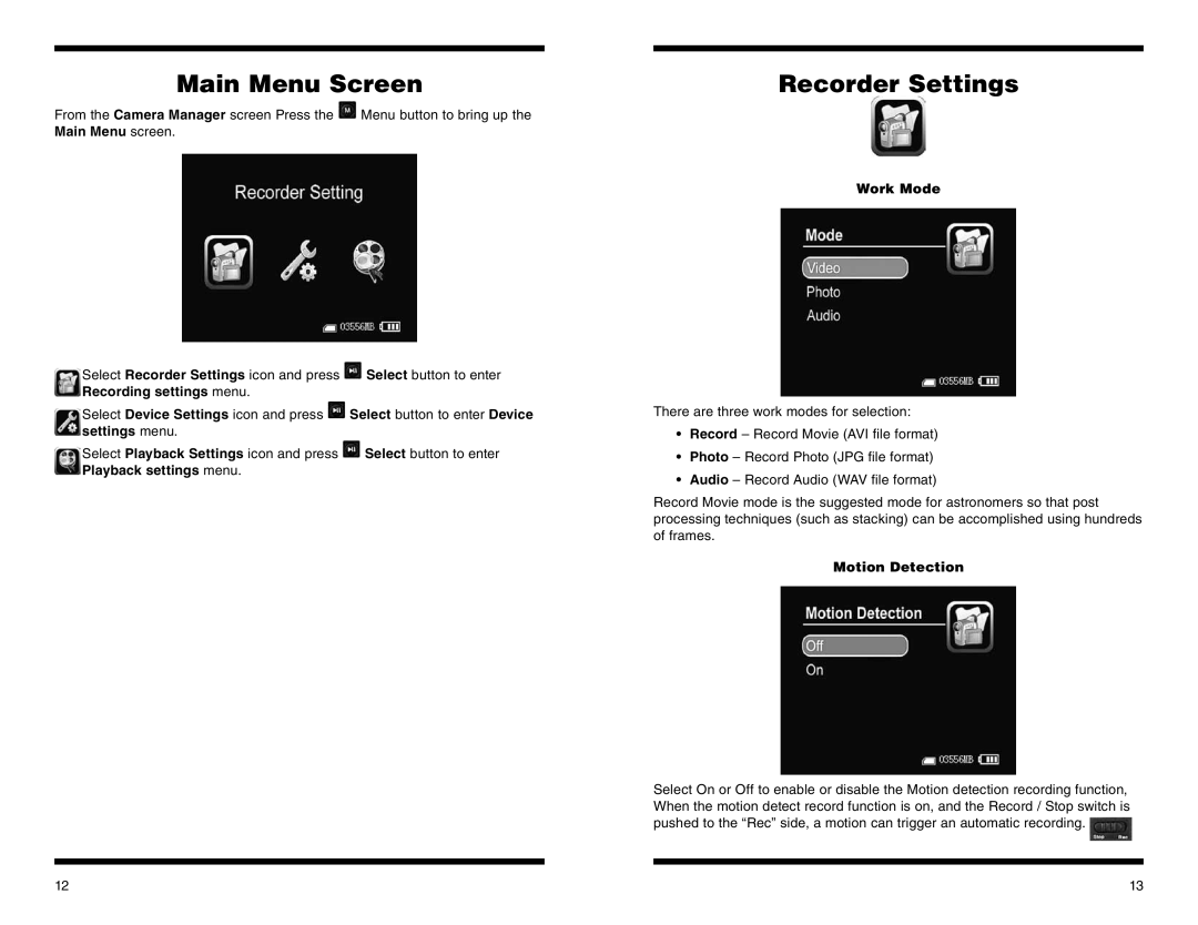 Orion 58125 instruction manual Main Menu Screen, Recorder Settings, Work Mode, Motion Detection 