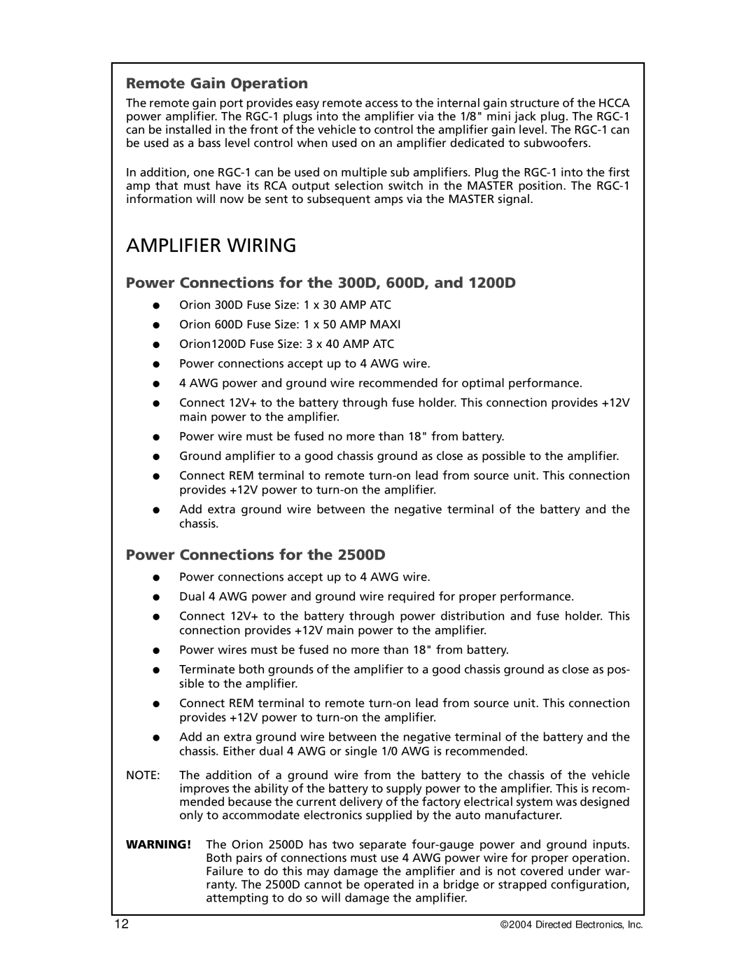 Orion 3000, 6000, 25000, 12000 manual Amplifier Wiring, Remote Gain Operation, Power Connections for the 300D, 600D, and 1200D 