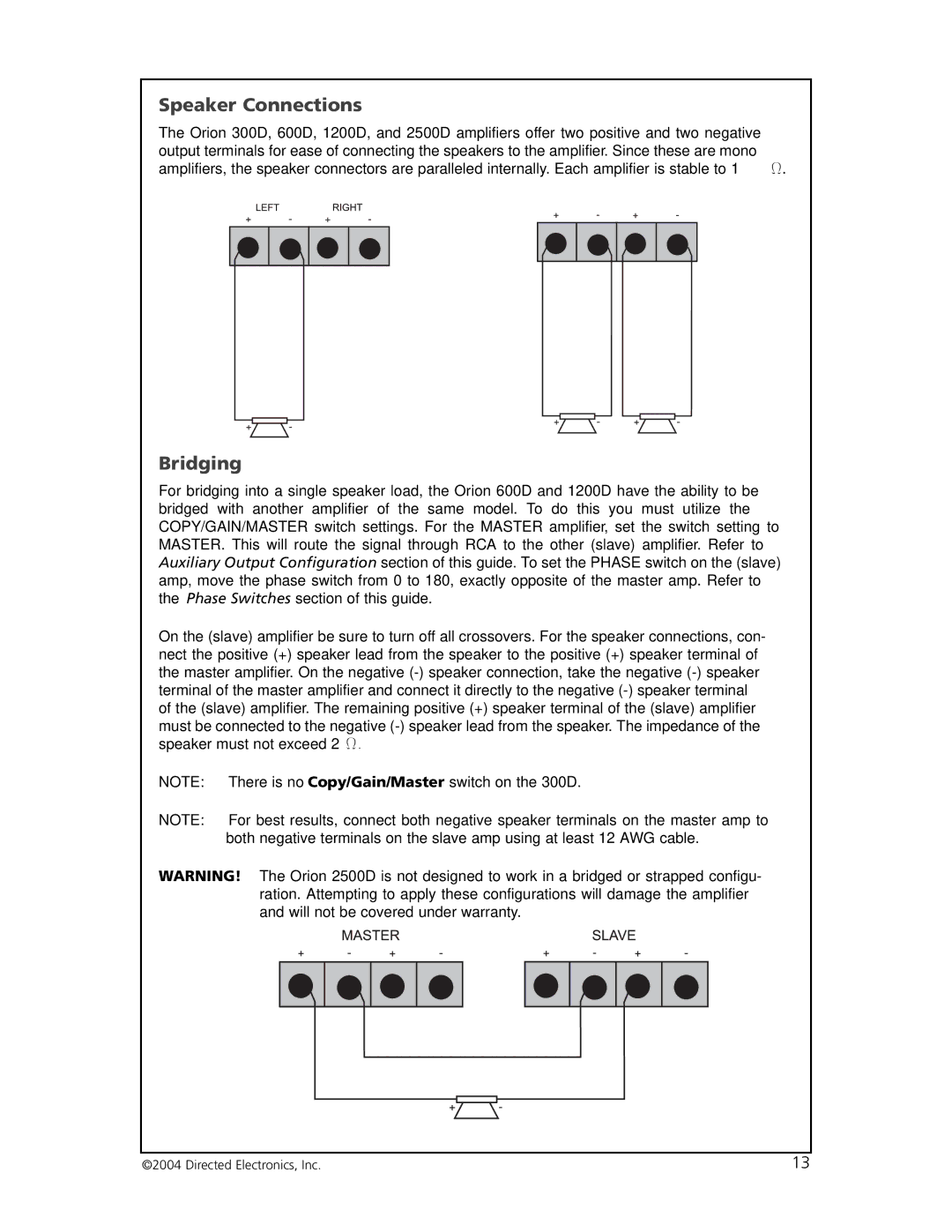 Orion 25000, 6000, 3000, 12000 manual Speaker Connections, Bridging 