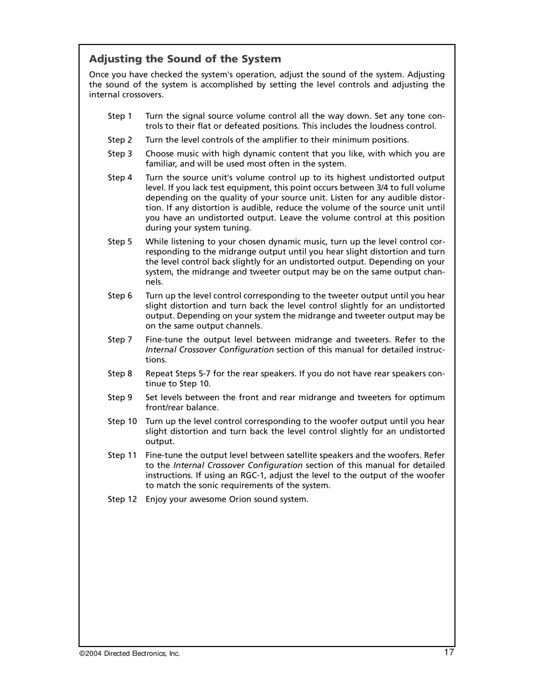 Orion 25000, 6000, 3000, 12000 manual Adjusting the Sound of the System 