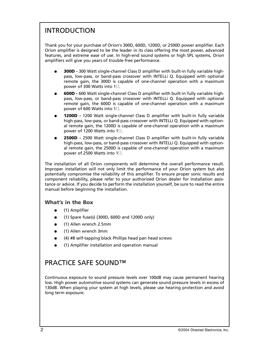 Orion 12000, 6000, 3000, 25000 manual Introduction, Practice Safe Sound, What’s in the Box 