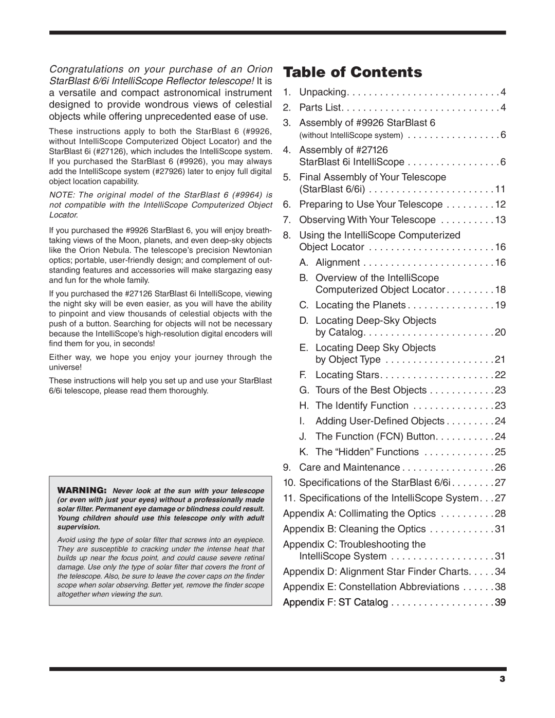Orion 6/6I instruction manual Table of Contents 