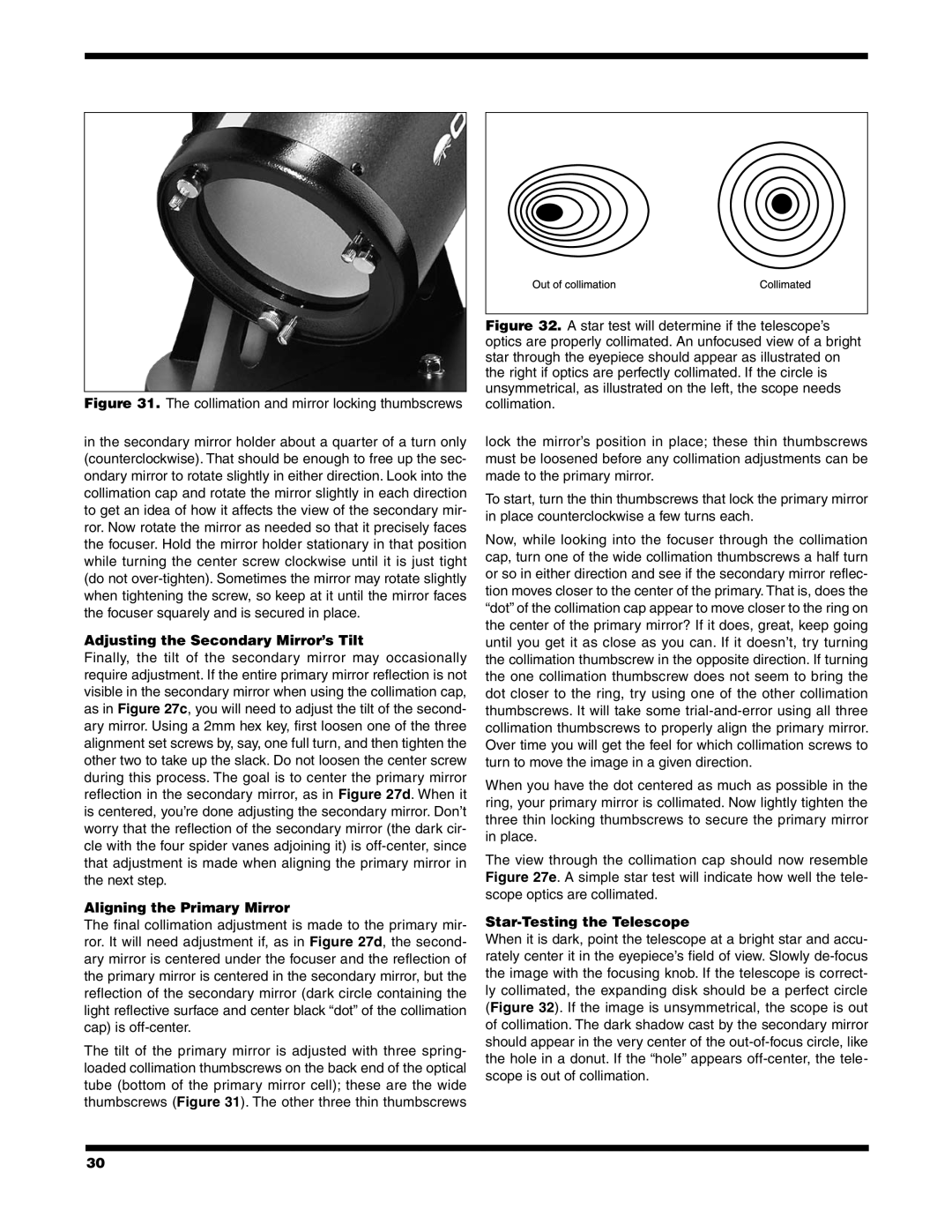 Orion 6/6I instruction manual Adjusting the Secondary Mirror’s Tilt, Aligning the Primary Mirror, Star-Testingthe Telescope 